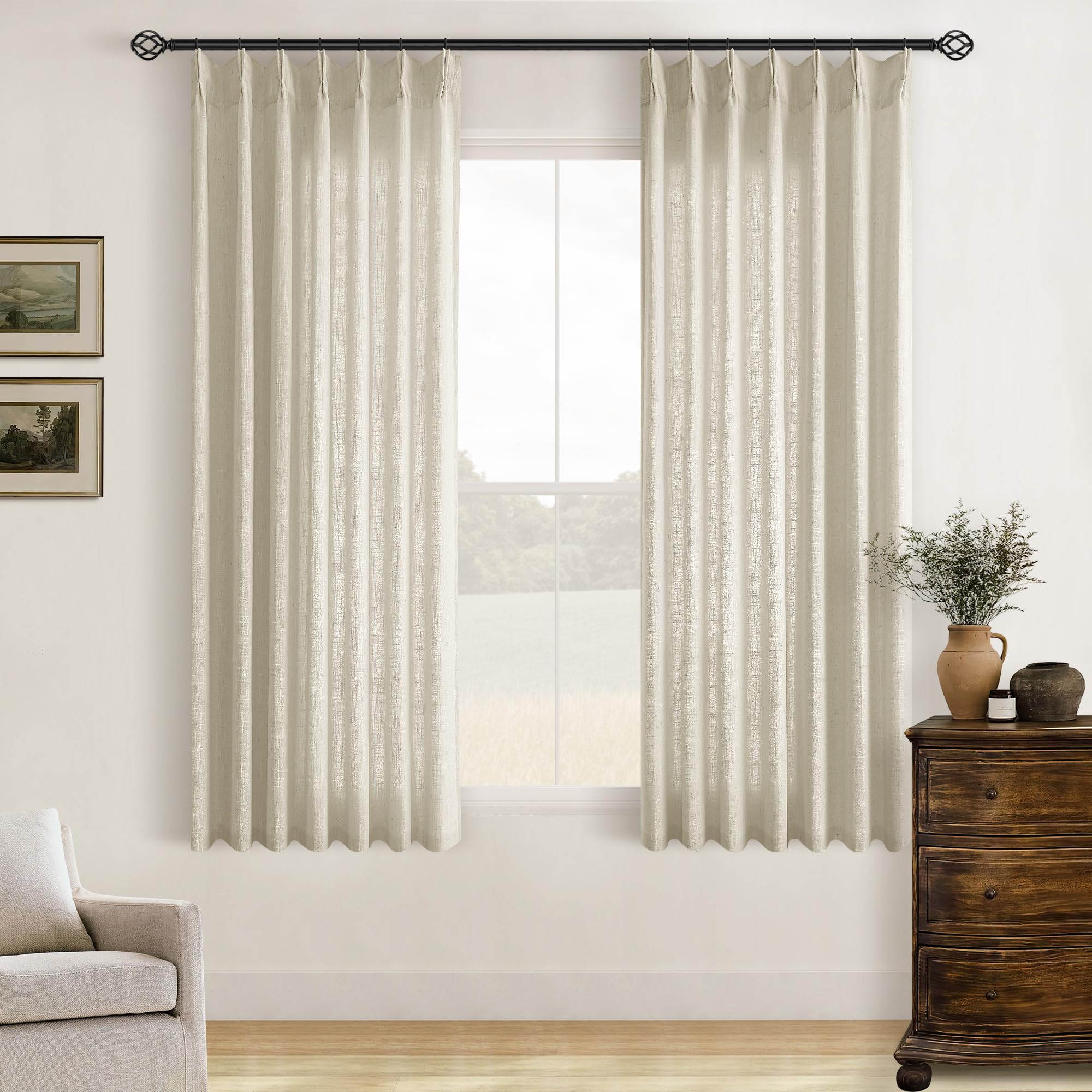 Natural Pinch Pleated Linen Curtains 84 Inch Length 2 Panels for Living Room Bedroom Textured Cream Ivory Birch Semi Sheer Boho Neutral Back Tab Pinch Pleat Hooks Rings Window Curtain 84 Inches Long