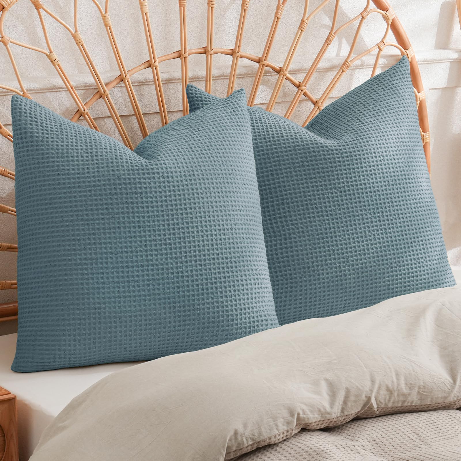 PHF 100% Cotton Waffle Weave Euro Shams 26" x 26", No Filling, 2 Pack Elegant Home Decorative Euro Throw Pillow Covers for Bed Couch Sofa, Coral
