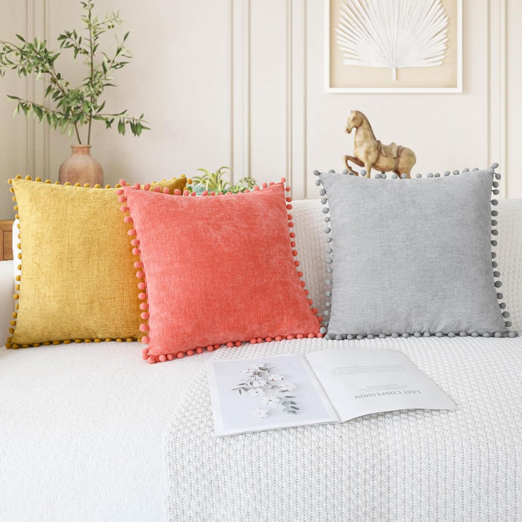 CaliTime Throw Pillow Covers Decorative 18 X 18 Inches Pack of 2 Cozy Solid Dyed Soft Chenille Cushion Cases with Pom Poms for Couch Sofa Bed Living Room Home Living Coral