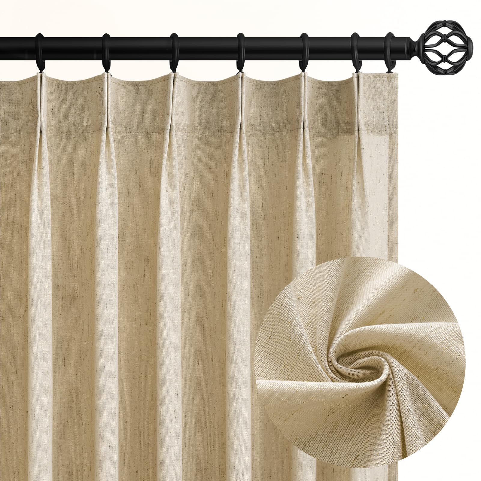 Topfinel Pinch Pleated Curtains 90 Inches Long 2 Panels Set,Natural Cream Semi Sheer Cotton Blend Fabric Aesthetic Advanced Curtain Drapes for Living Room Bedroom,40x90 inch Length