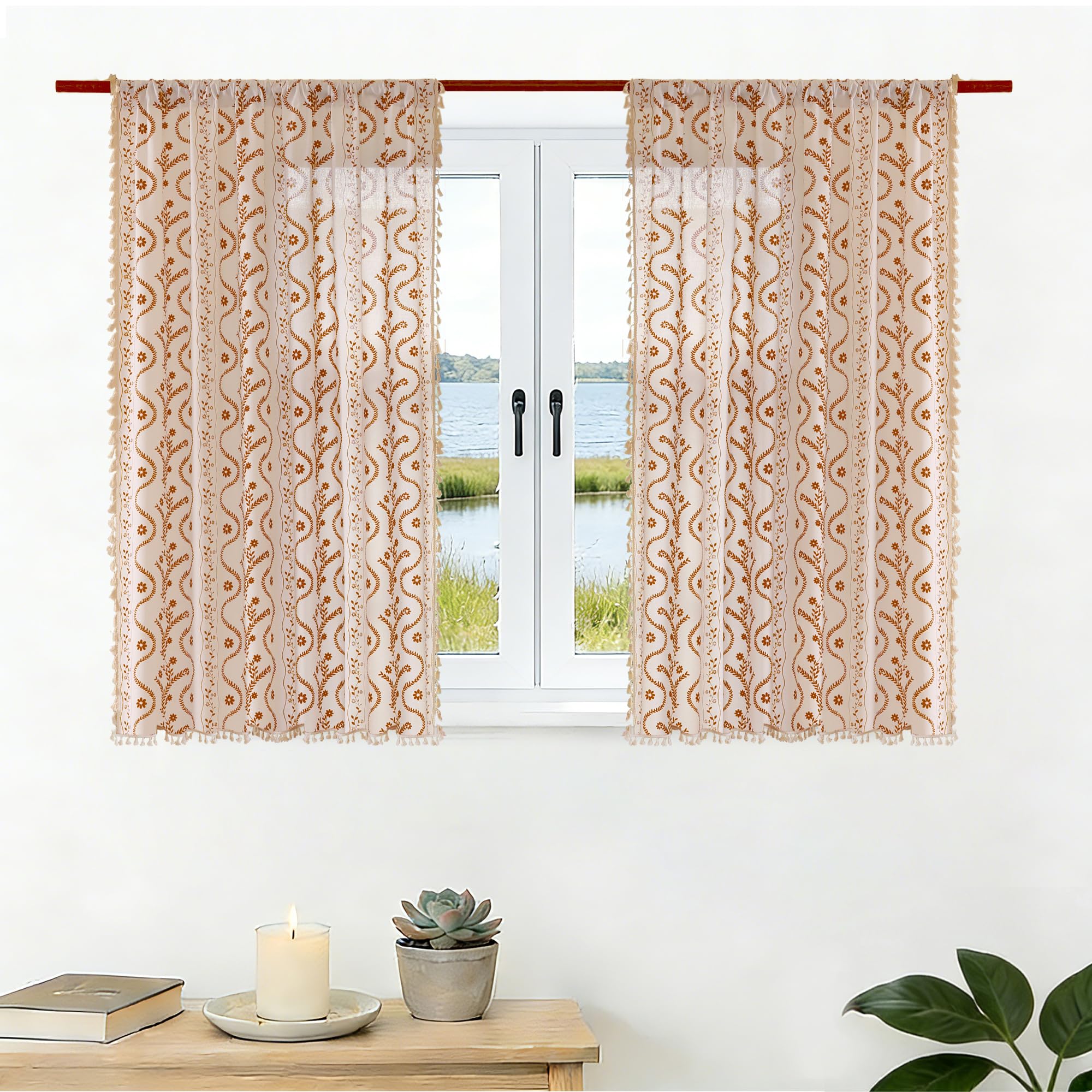 Burnt Orange Curtains for Living Room Patterned Farmhouse Curtains 2 Panels,Boho Linen Vintage Tassel Terracotta Floral Fall Window Curtain for Bedroom Dining Room Kitchen 84 Inch Long