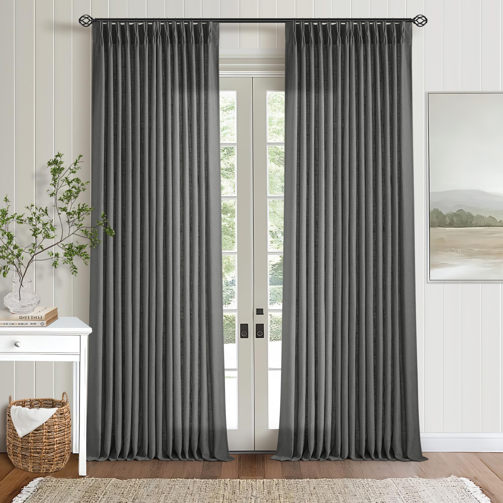 Natural Pinch Pleated Linen Curtains 84 Inch Length 2 Panels for Living Room Bedroom Textured Cream Ivory Birch Semi Sheer Boho Neutral Back Tab Pinch Pleat Hooks Rings Window Curtain 84 Inches Long