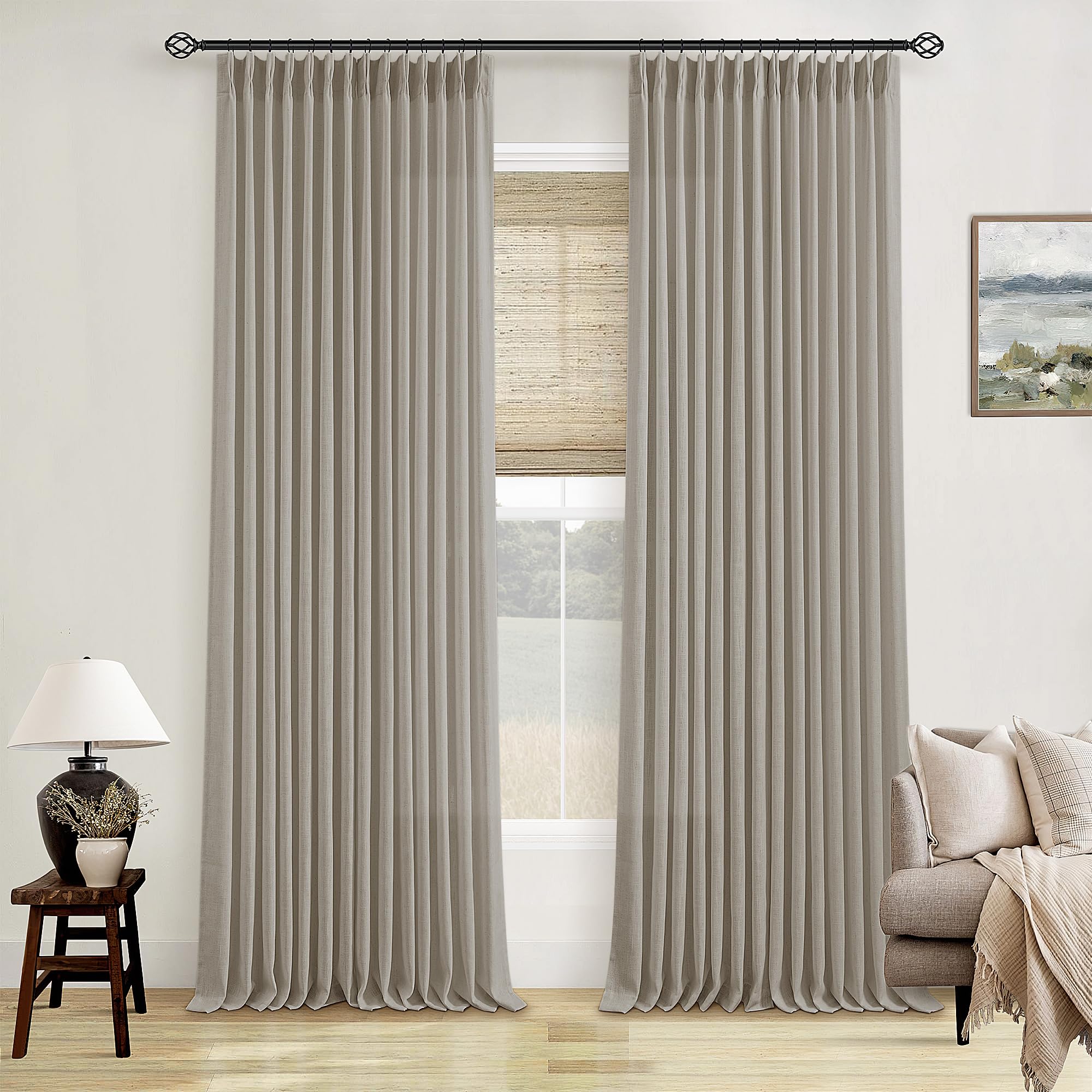 Natural Pinch Pleated Linen Curtains 84 Inch Length 2 Panels for Living Room Bedroom Textured Cream Ivory Birch Semi Sheer Boho Neutral Back Tab Pinch Pleat Hooks Rings Window Curtain 84 Inches Long