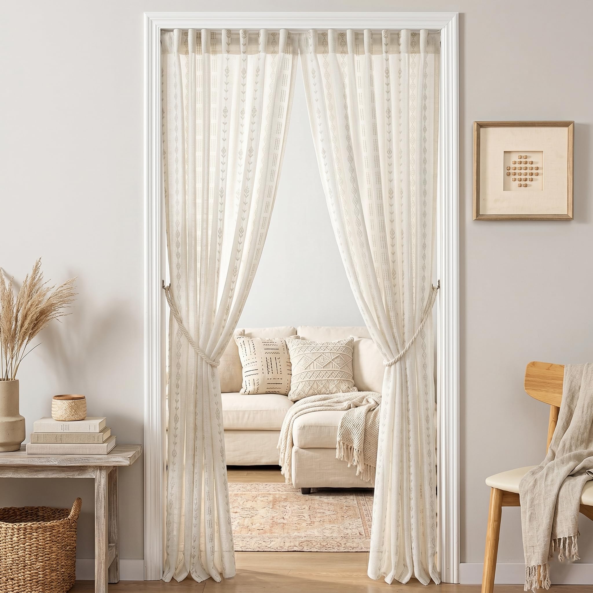 Neutral Farmhouse Curtains for Living Room 84 Inches Long,Taupe Cream Boho Light Filtering Sheer Patterned Modern Beautiful Linen Curtains with Floral Pattern Design Dining Room 84 Length 2 Panels Set
