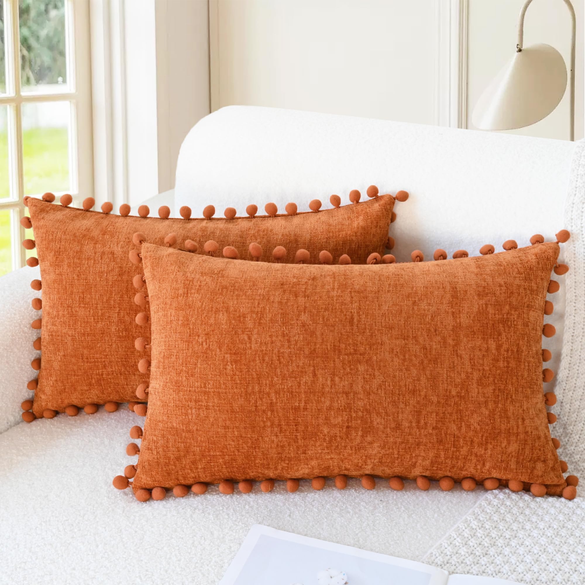 CaliTime Throw Pillow Covers Decorative 18 X 18 Inches Pack of 2 Cozy Solid Dyed Soft Chenille Cushion Cases with Pom Poms for Couch Sofa Bed Living Room Home Living Coral