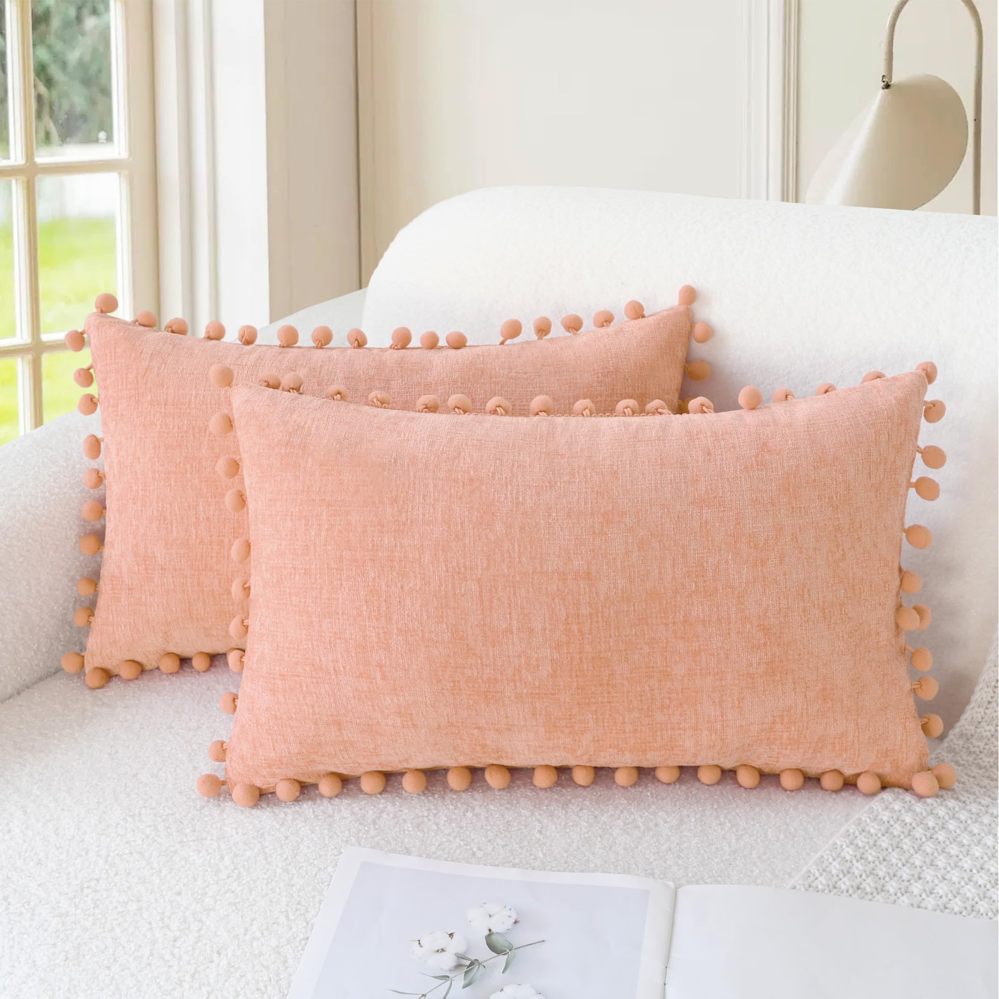 CaliTime Throw Pillow Covers Decorative 18 X 18 Inches Pack of 2 Cozy Solid Dyed Soft Chenille Cushion Cases with Pom Poms for Couch Sofa Bed Living Room Home Living Coral