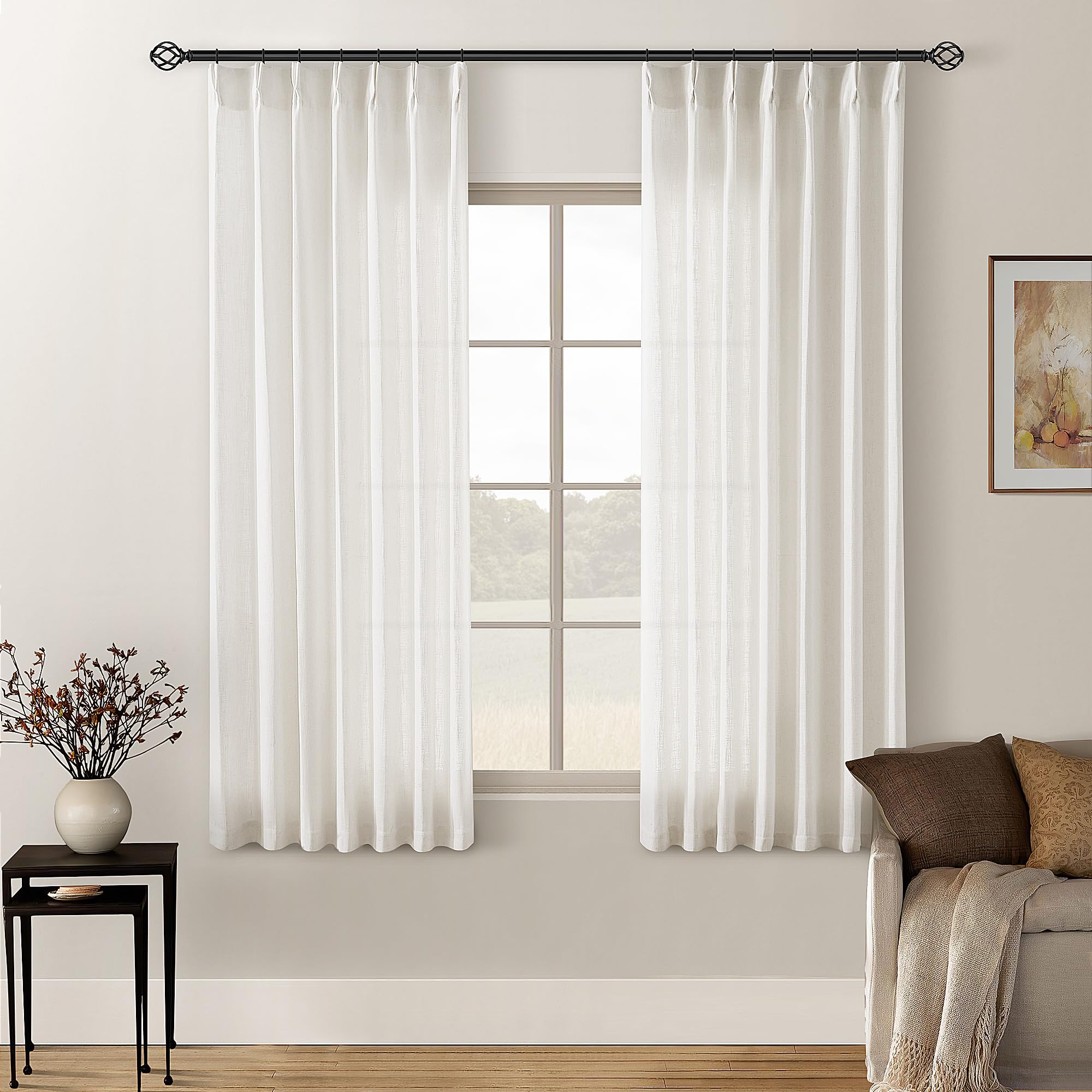 Natural Pinch Pleated Linen Curtains 84 Inch Length 2 Panels for Living Room Bedroom Textured Cream Ivory Birch Semi Sheer Boho Neutral Back Tab Pinch Pleat Hooks Rings Window Curtain 84 Inches Long