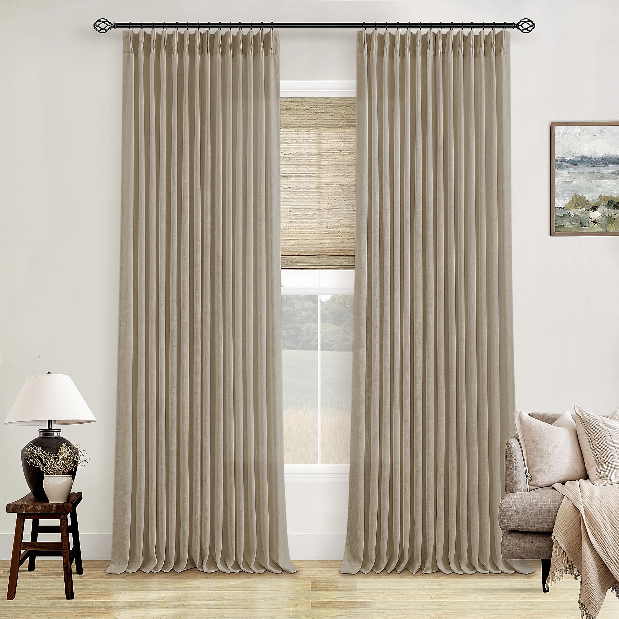 Natural Pinch Pleated Linen Curtains 84 Inch Length 2 Panels for Living Room Bedroom Textured Cream Ivory Birch Semi Sheer Boho Neutral Back Tab Pinch Pleat Hooks Rings Window Curtain 84 Inches Long
