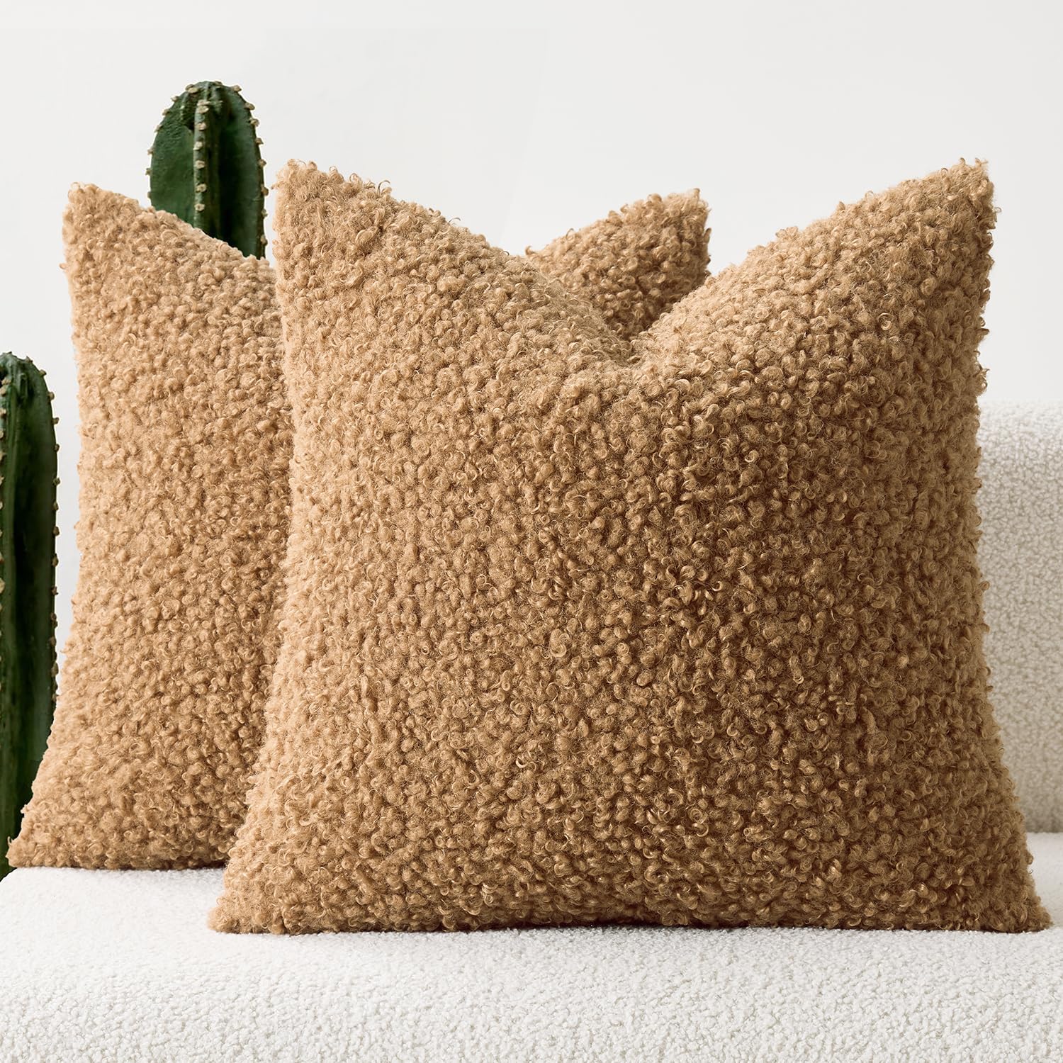 Faux Fur Throw Pillow Covers 20x20 Inch Set of 2 Boucle Neutral Decorative Sherpa Fuzzy Accent Soft Sheepskin Fleece Cushions Modern Home Decor for Couch Sofa Bedroom Living Room,Oatmeal