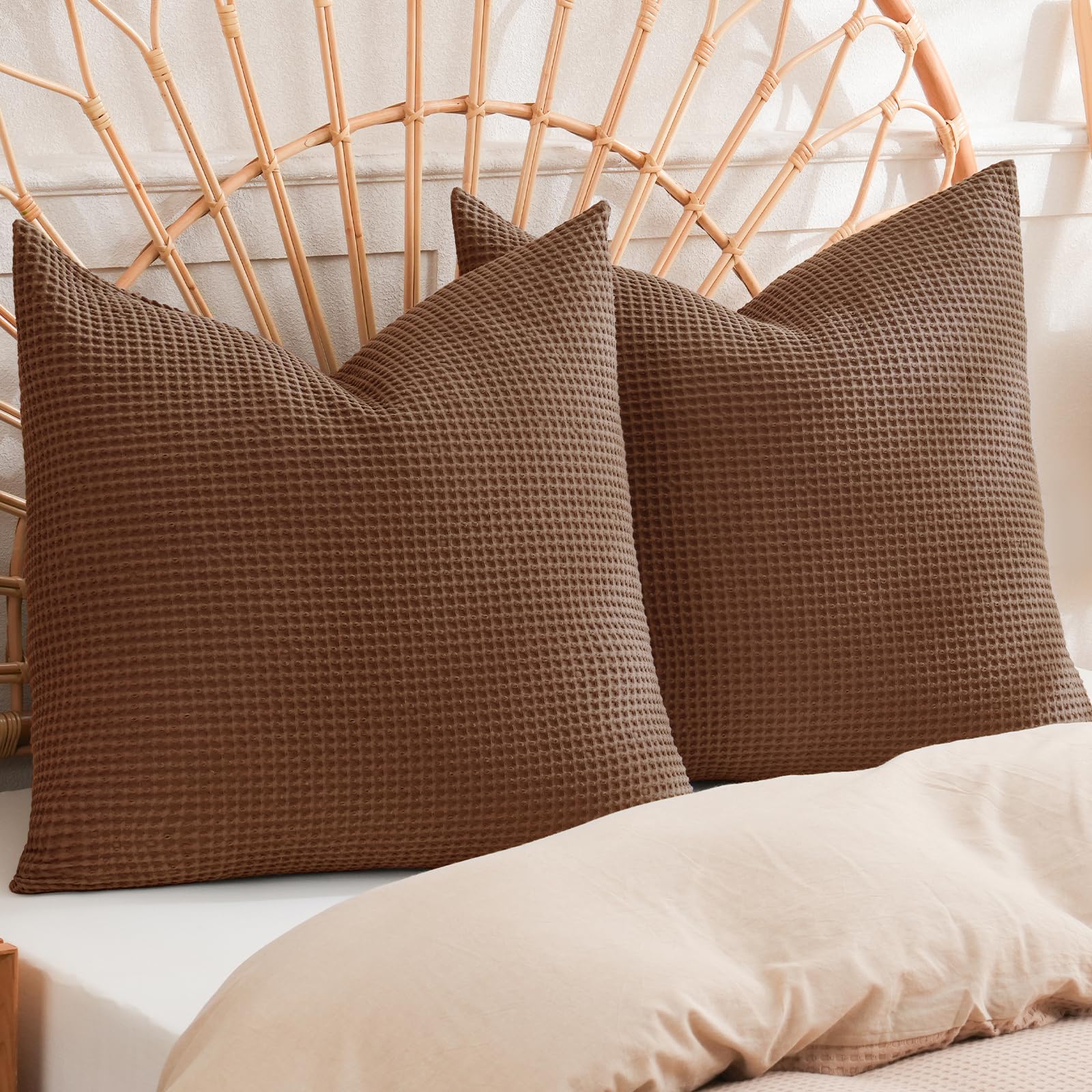 PHF 100% Cotton Waffle Weave Euro Shams 26" x 26", No Filling, 2 Pack Elegant Home Decorative Euro Throw Pillow Covers for Bed Couch Sofa, Coral