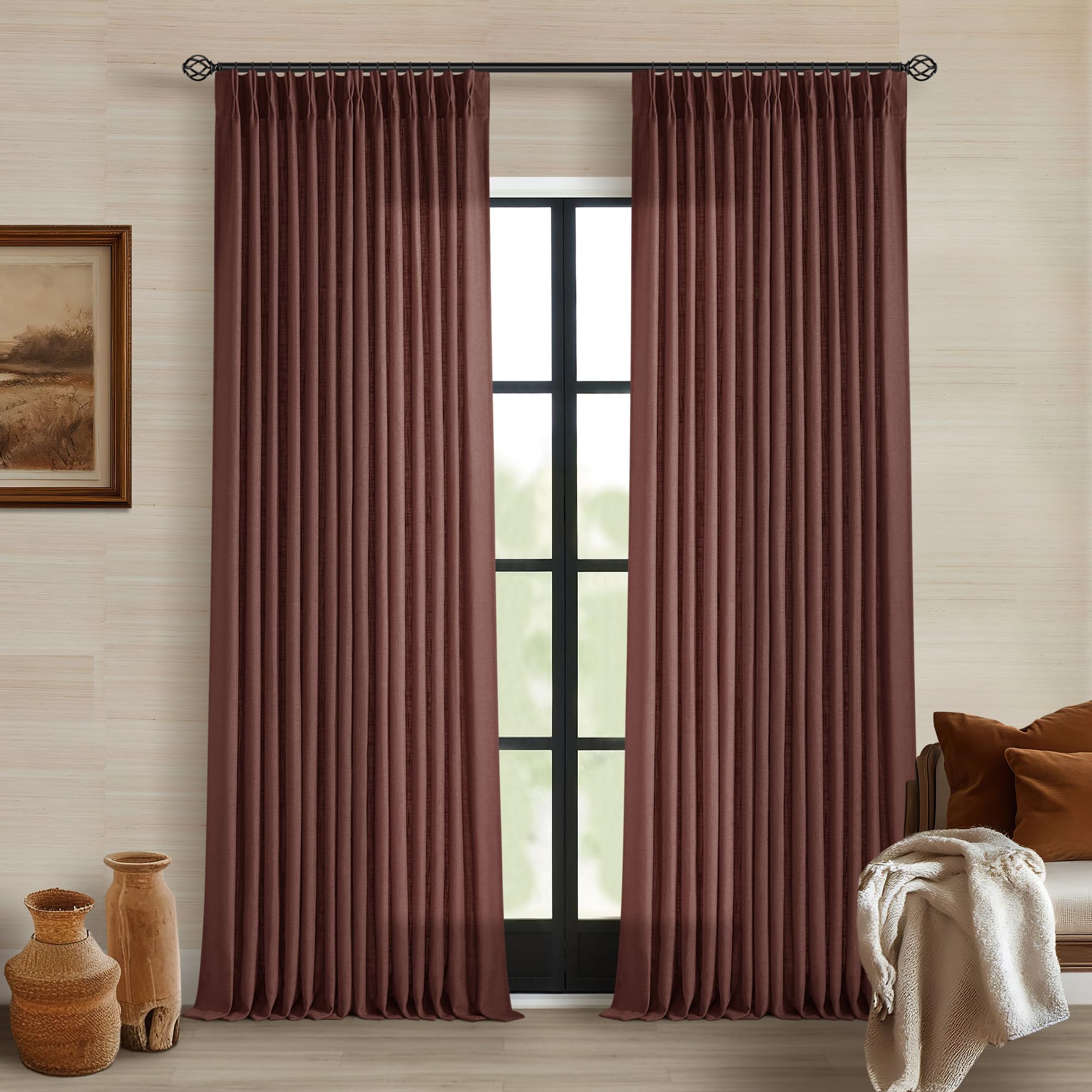 Natural Pinch Pleated Linen Curtains 84 Inch Length 2 Panels for Living Room Bedroom Textured Cream Ivory Birch Semi Sheer Boho Neutral Back Tab Pinch Pleat Hooks Rings Window Curtain 84 Inches Long