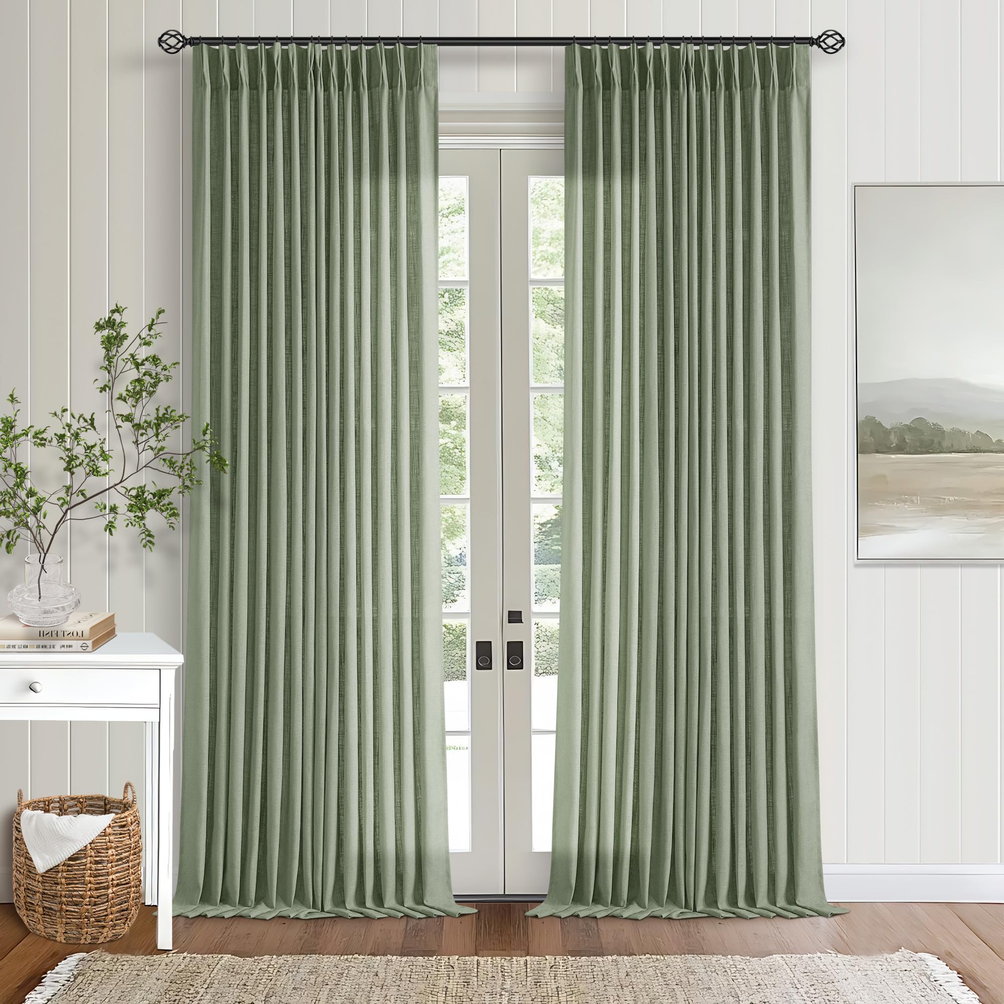 Natural Pinch Pleated Linen Curtains 84 Inch Length 2 Panels for Living Room Bedroom Textured Cream Ivory Birch Semi Sheer Boho Neutral Back Tab Pinch Pleat Hooks Rings Window Curtain 84 Inches Long