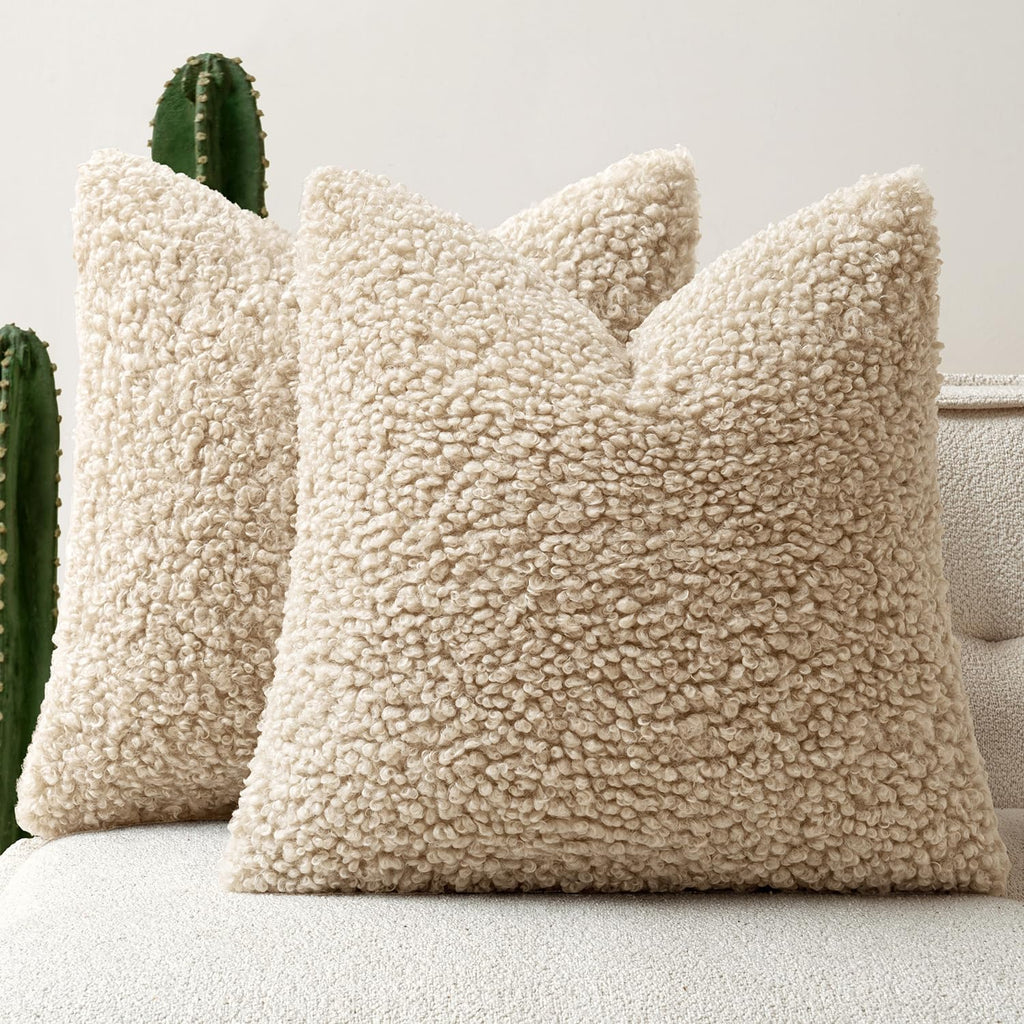 Faux Fur Throw Pillow Covers 20x20 Inch Set of 2 Boucle Neutral Decorative Sherpa Fuzzy Accent Soft Sheepskin Fleece Cushions Modern Home Decor for Couch Sofa Bedroom Living Room,Oatmeal