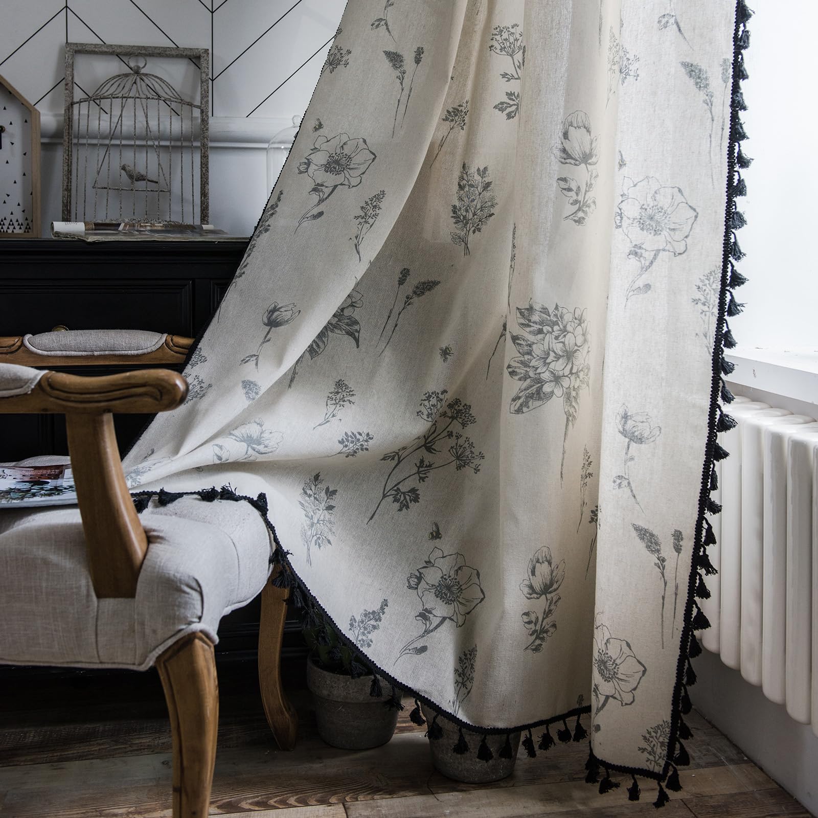 ENJOYBRIDAL Floral Bedroom Curtains 84 Inch Length 2 Panels Set Farmhouse Semi Sheer Living Room Drapes Cotton Linen Blend Bohemian Window Curtain Panels with Tassel Beige Rod Pocket Drapes
