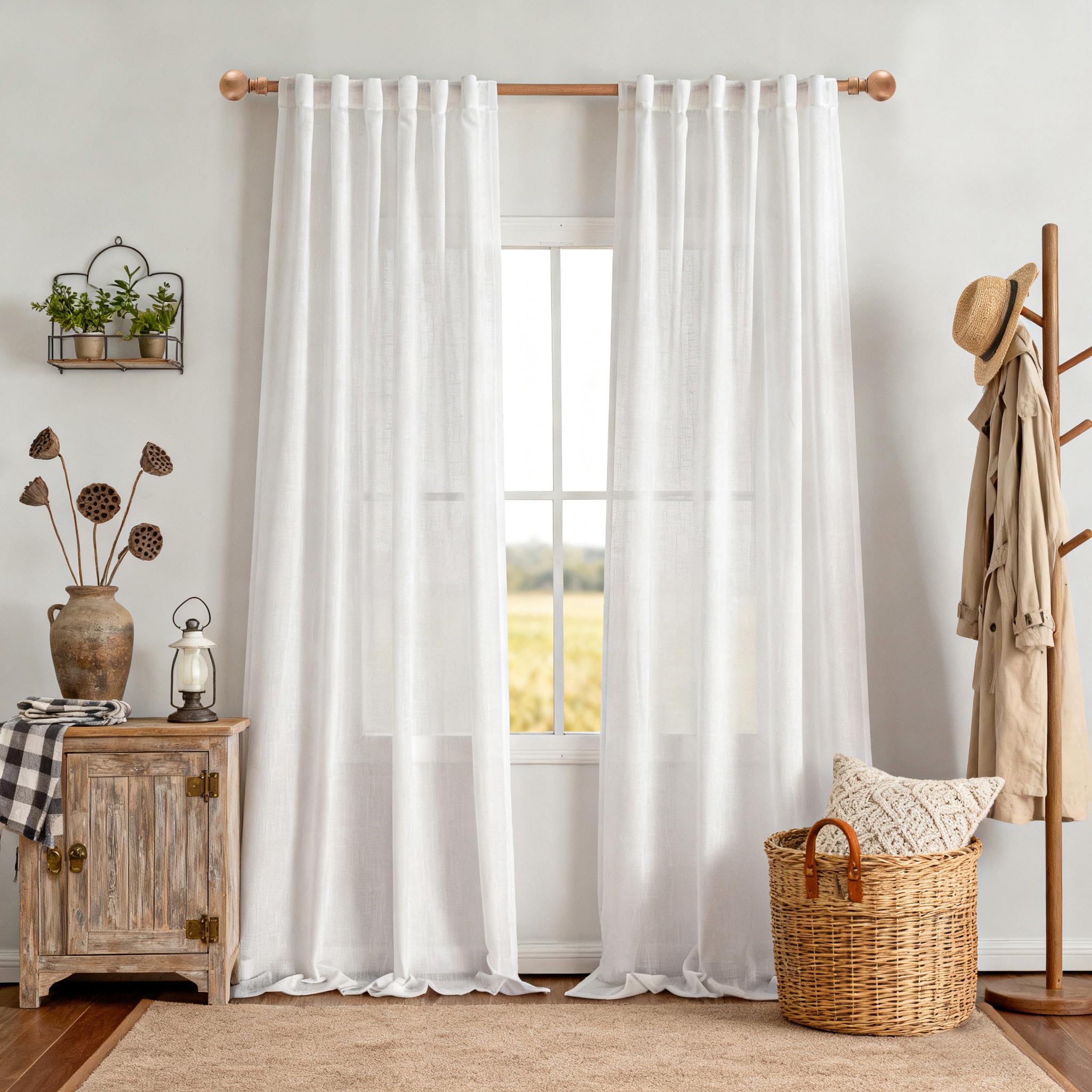 MYSKY HOME Cotton Curtains for Living Room Farmhouse Semi Sheer Light Filtering for Windows, Linen Look Texture Soft Modern Decor Country Style, 50" x 84", Light Oatmeal, 2 Panels