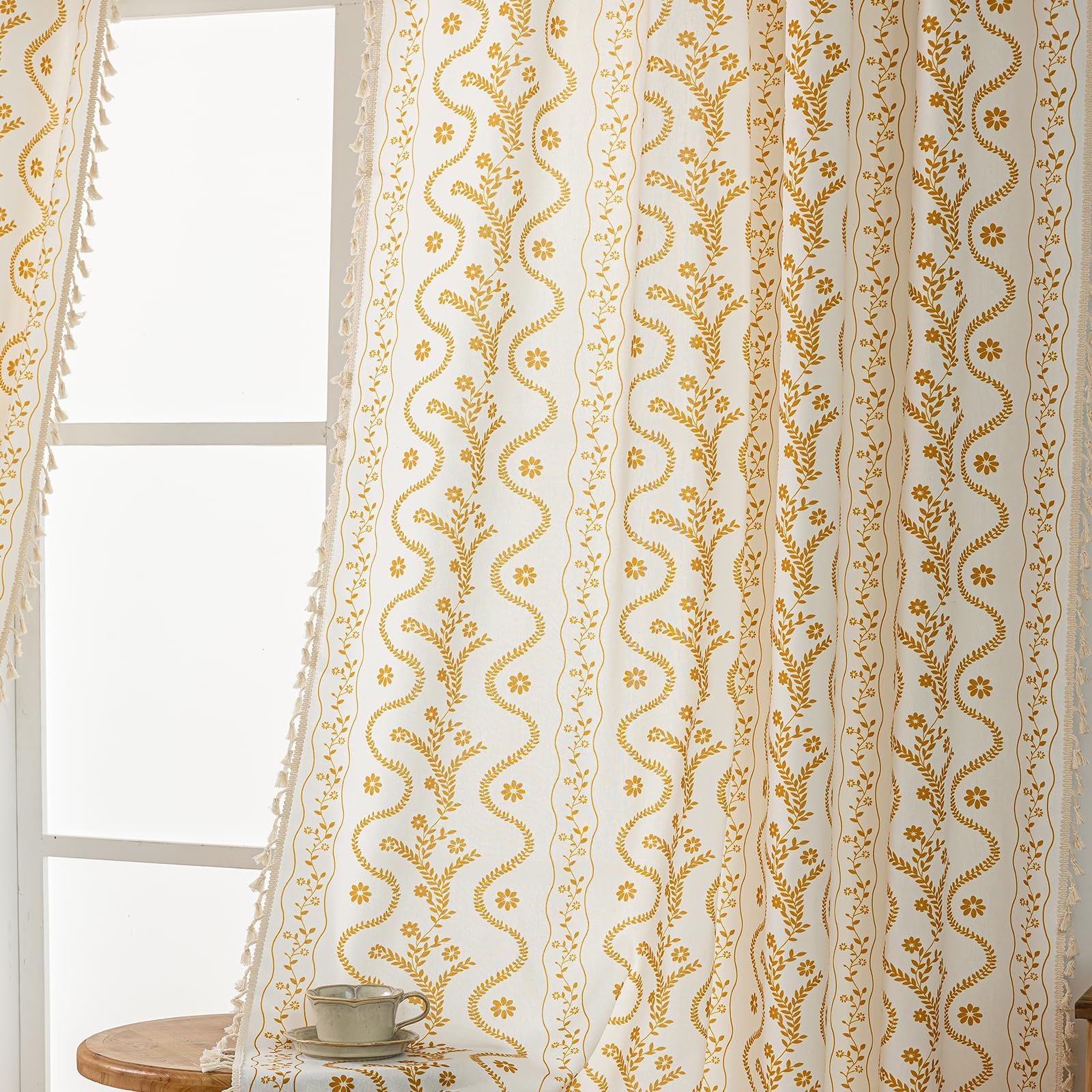 Burnt Orange Curtains for Living Room Patterned Farmhouse Curtains 2 Panels,Boho Linen Vintage Tassel Terracotta Floral Fall Window Curtain for Bedroom Dining Room Kitchen 84 Inch Long