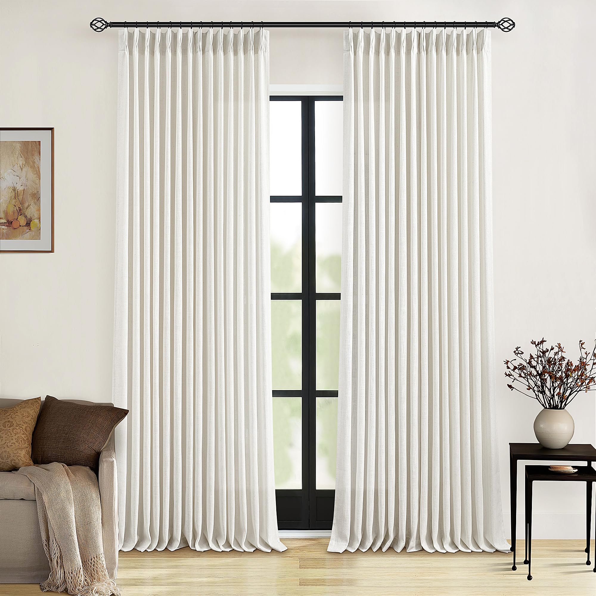 Natural Pinch Pleated Linen Curtains 84 Inch Length 2 Panels for Living Room Bedroom Textured Cream Ivory Birch Semi Sheer Boho Neutral Back Tab Pinch Pleat Hooks Rings Window Curtain 84 Inches Long