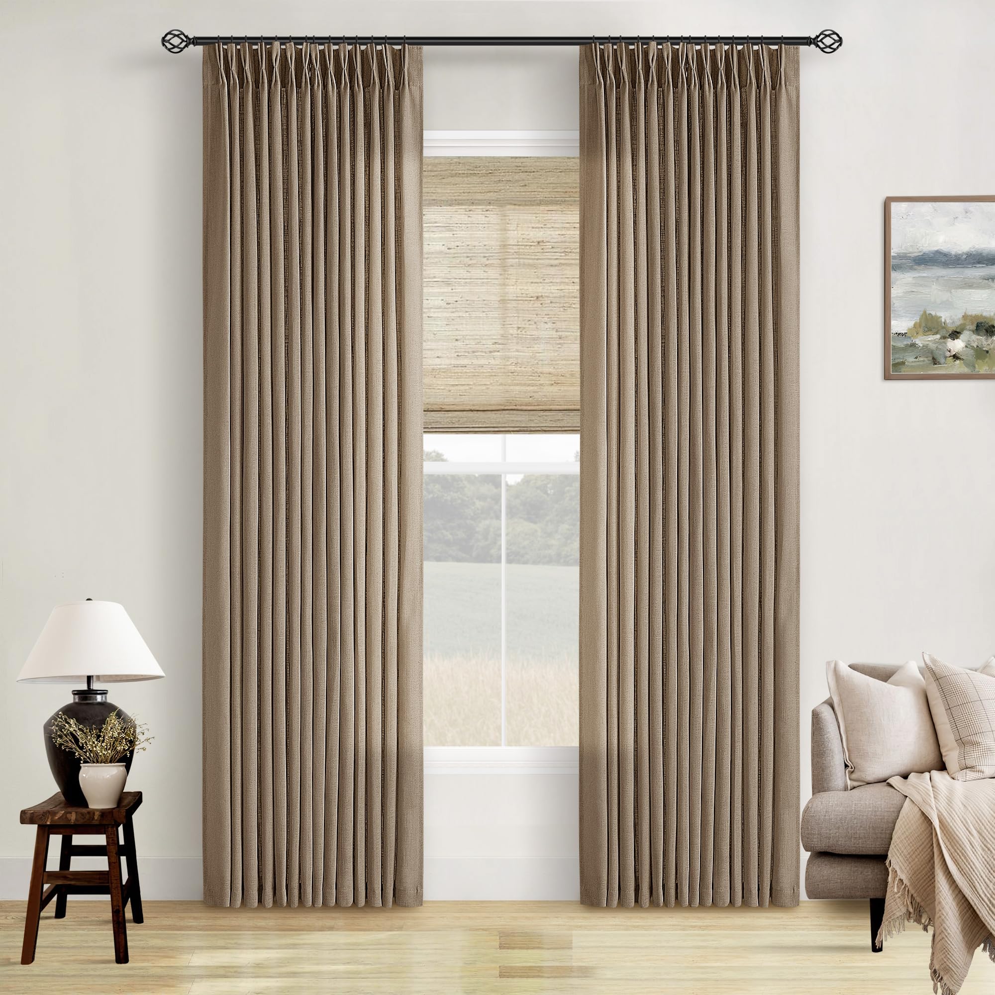 Natural Pinch Pleated Linen Curtains 84 Inch Length 2 Panels for Living Room Bedroom Textured Cream Ivory Birch Semi Sheer Boho Neutral Back Tab Pinch Pleat Hooks Rings Window Curtain 84 Inches Long