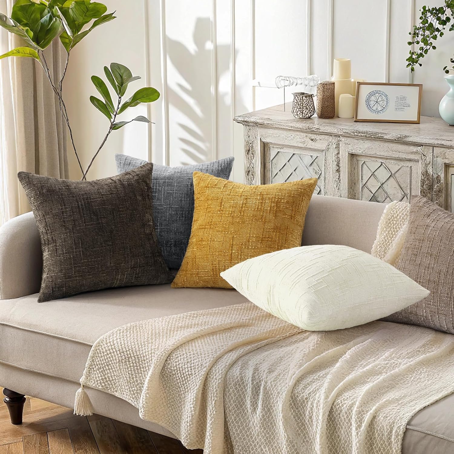 decorUhome Summer Cream White Chenille Euro Sham Throw Pillow Covers 22x22 Set of 2 Textured Soft Cozy Slubby Couch Pillow Covers Modern Farmhouse Boho Decorative Pillow Cases for Bed Sofa Living Room