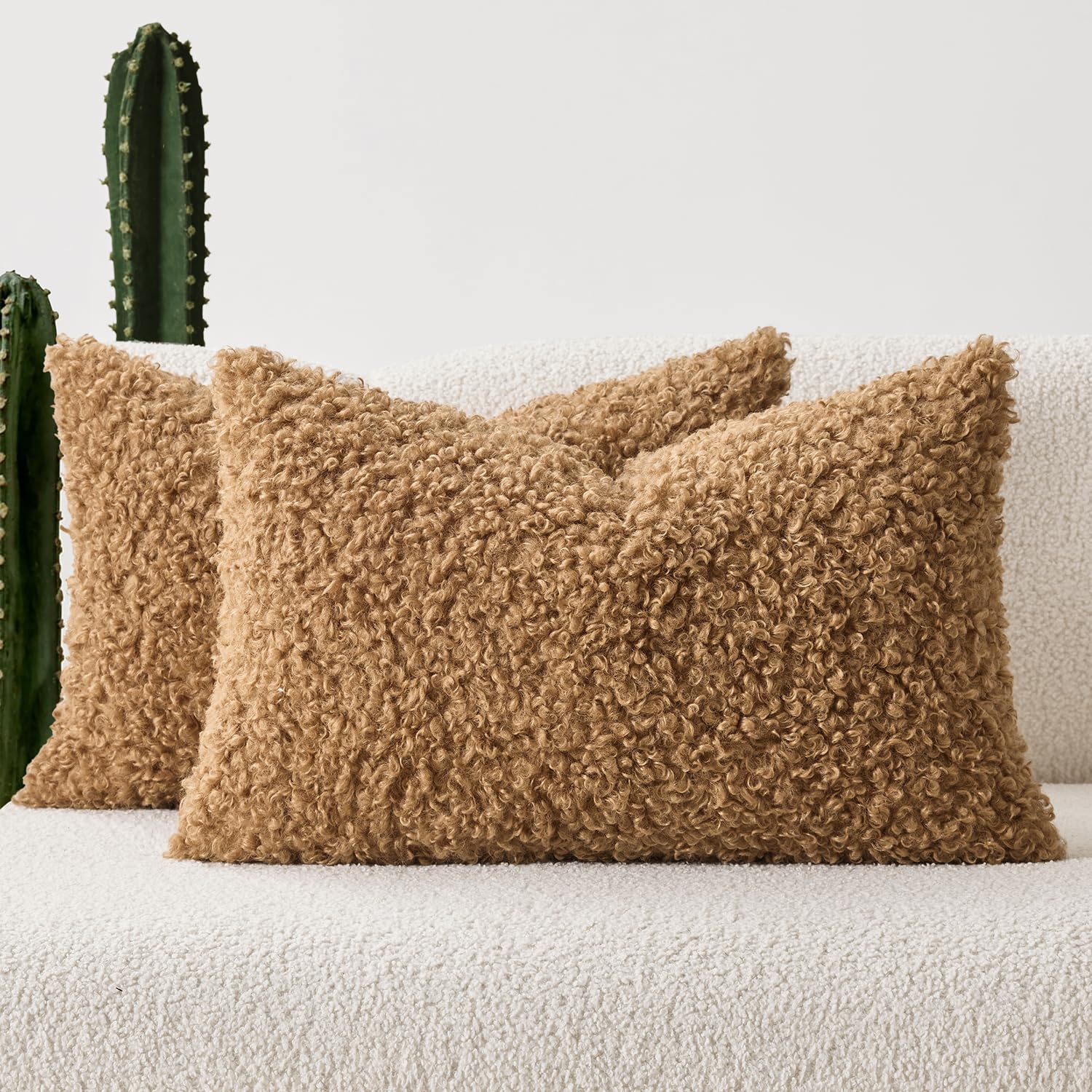 Faux Fur Throw Pillow Covers 20x20 Inch Set of 2 Boucle Neutral Decorative Sherpa Fuzzy Accent Soft Sheepskin Fleece Cushions Modern Home Decor for Couch Sofa Bedroom Living Room,Oatmeal