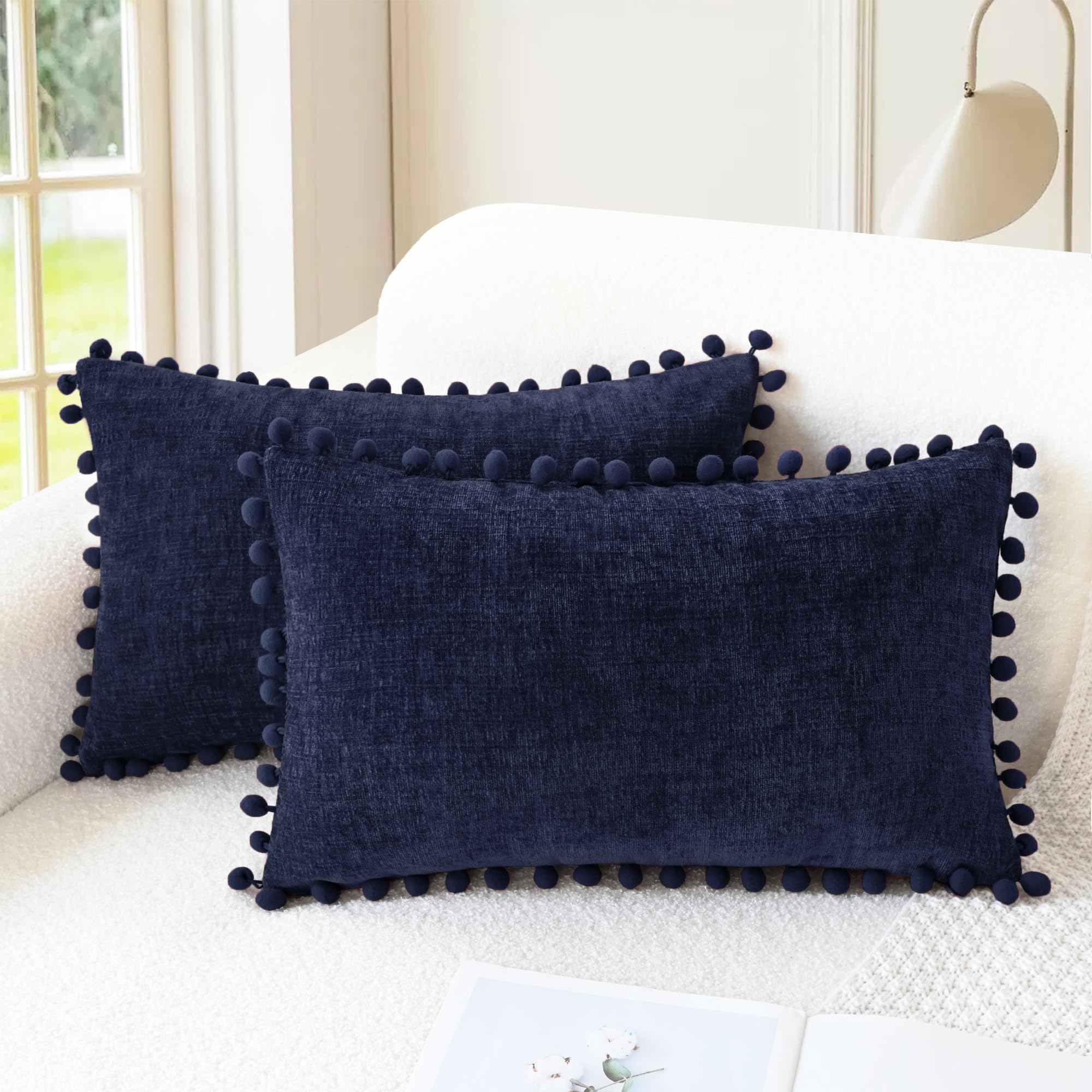 CaliTime Throw Pillow Covers Decorative 18 X 18 Inches Pack of 2 Cozy Solid Dyed Soft Chenille Cushion Cases with Pom Poms for Couch Sofa Bed Living Room Home Living Coral