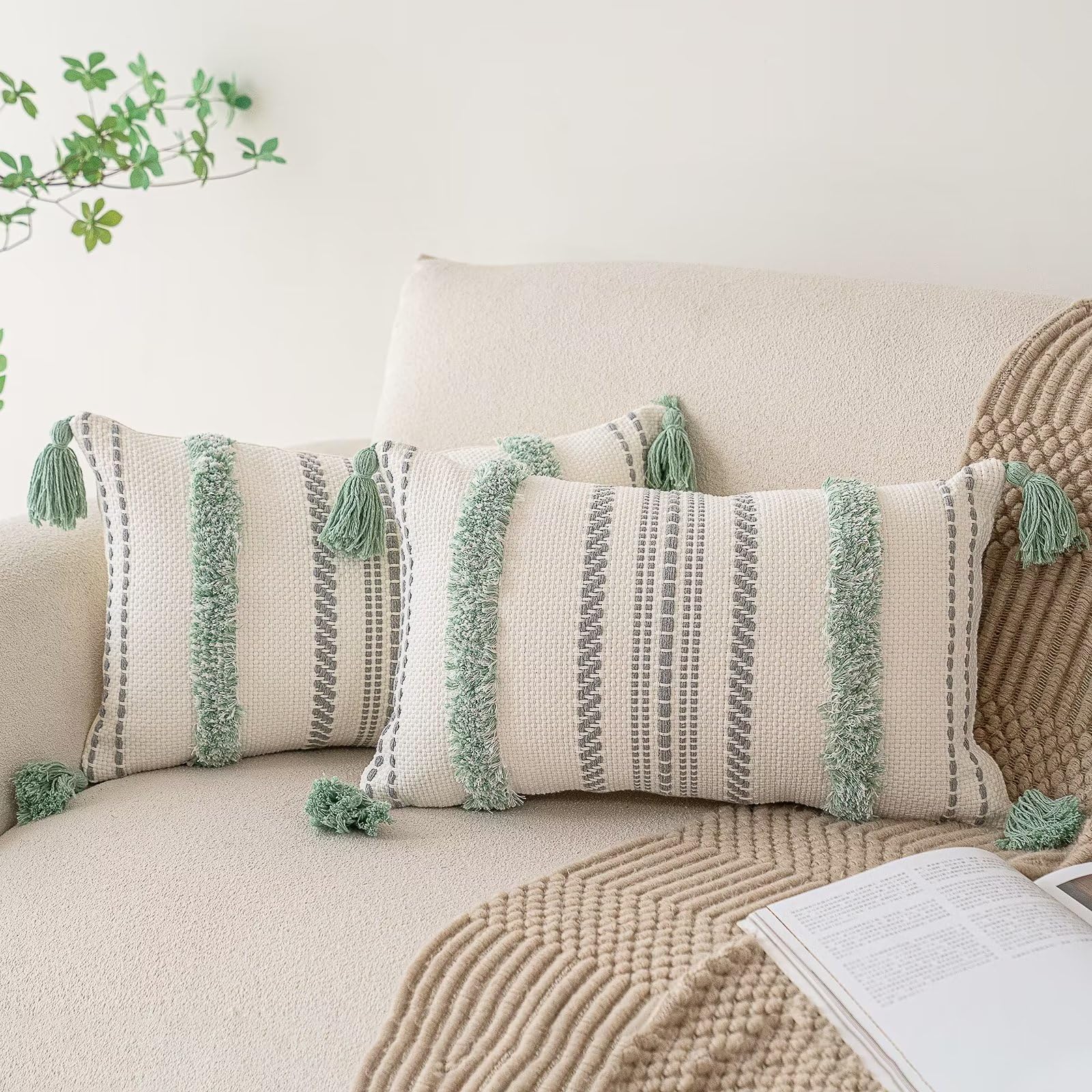 Boho Throw Pillow Covers 18x18 Set of 2 Woven Tufted Farmhouse Pillows Cover with Tassels Textured Striped Cushion Case Neutral Pillow Cases Decorative Pillowcase for Sofa, Couch, Bed, Khaki