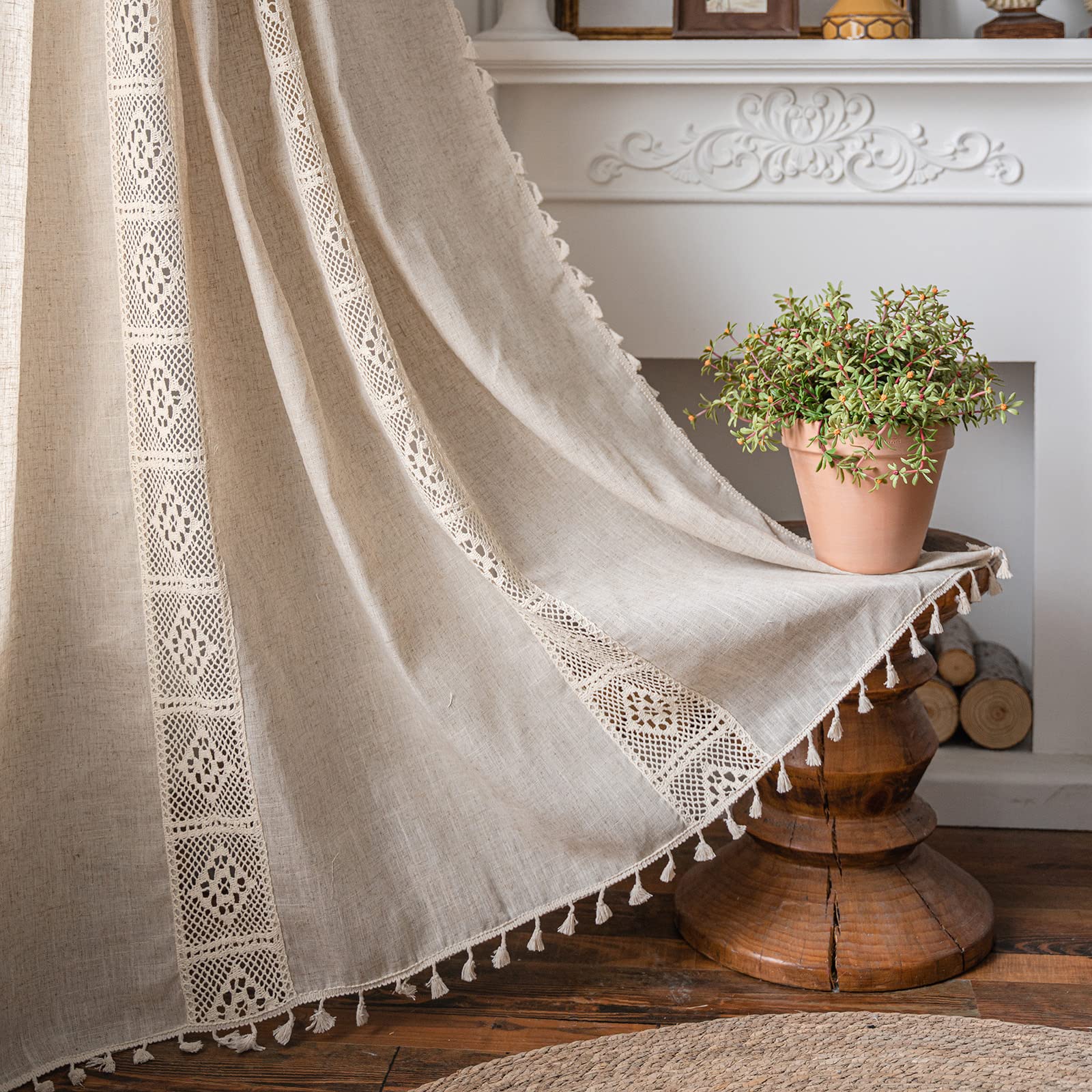 ENJOYBRIDAL Floral Bedroom Curtains 84 Inch Length 2 Panels Set Farmhouse Semi Sheer Living Room Drapes Cotton Linen Blend Bohemian Window Curtain Panels with Tassel Beige Rod Pocket Drapes