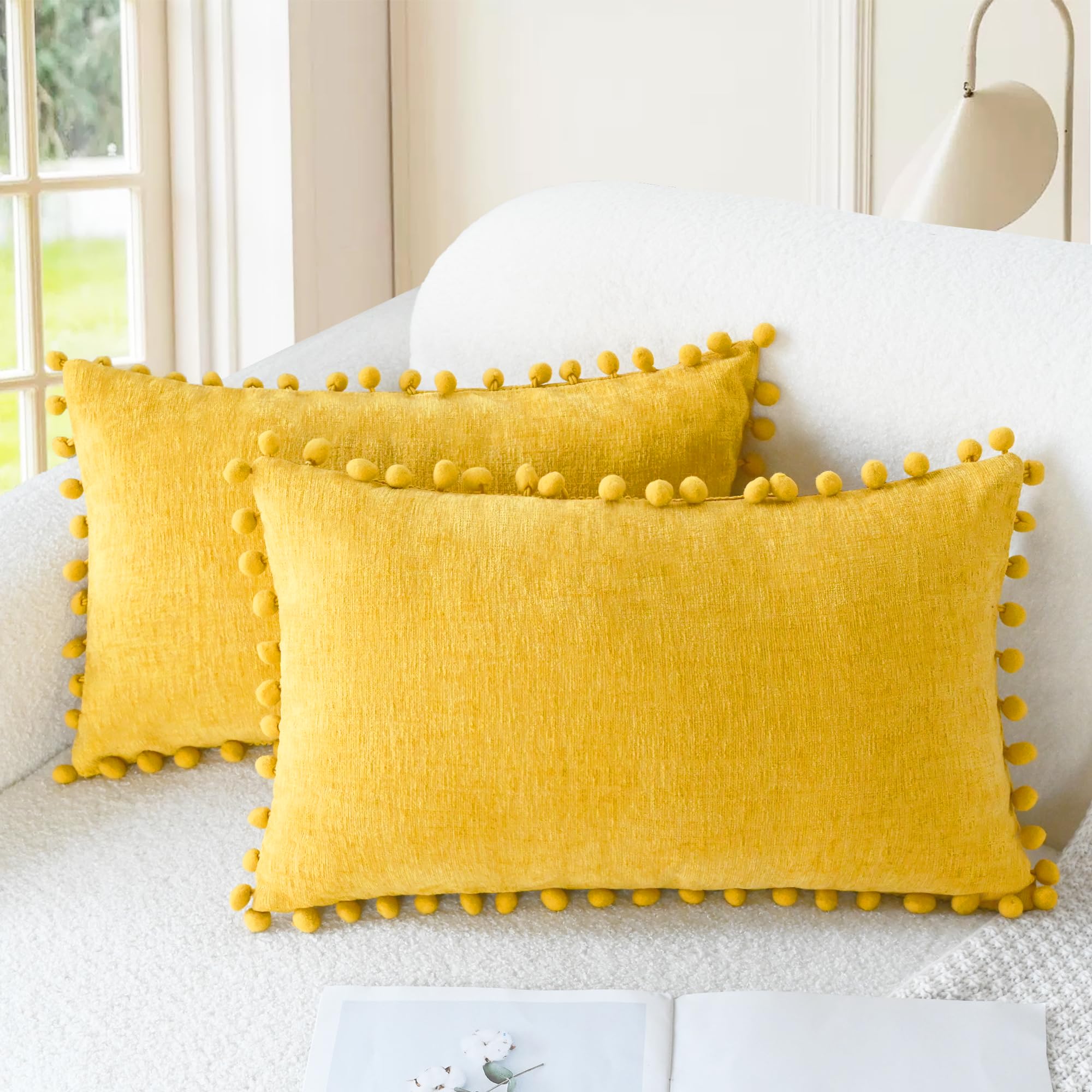 CaliTime Throw Pillow Covers Decorative 18 X 18 Inches Pack of 2 Cozy Solid Dyed Soft Chenille Cushion Cases with Pom Poms for Couch Sofa Bed Living Room Home Living Coral