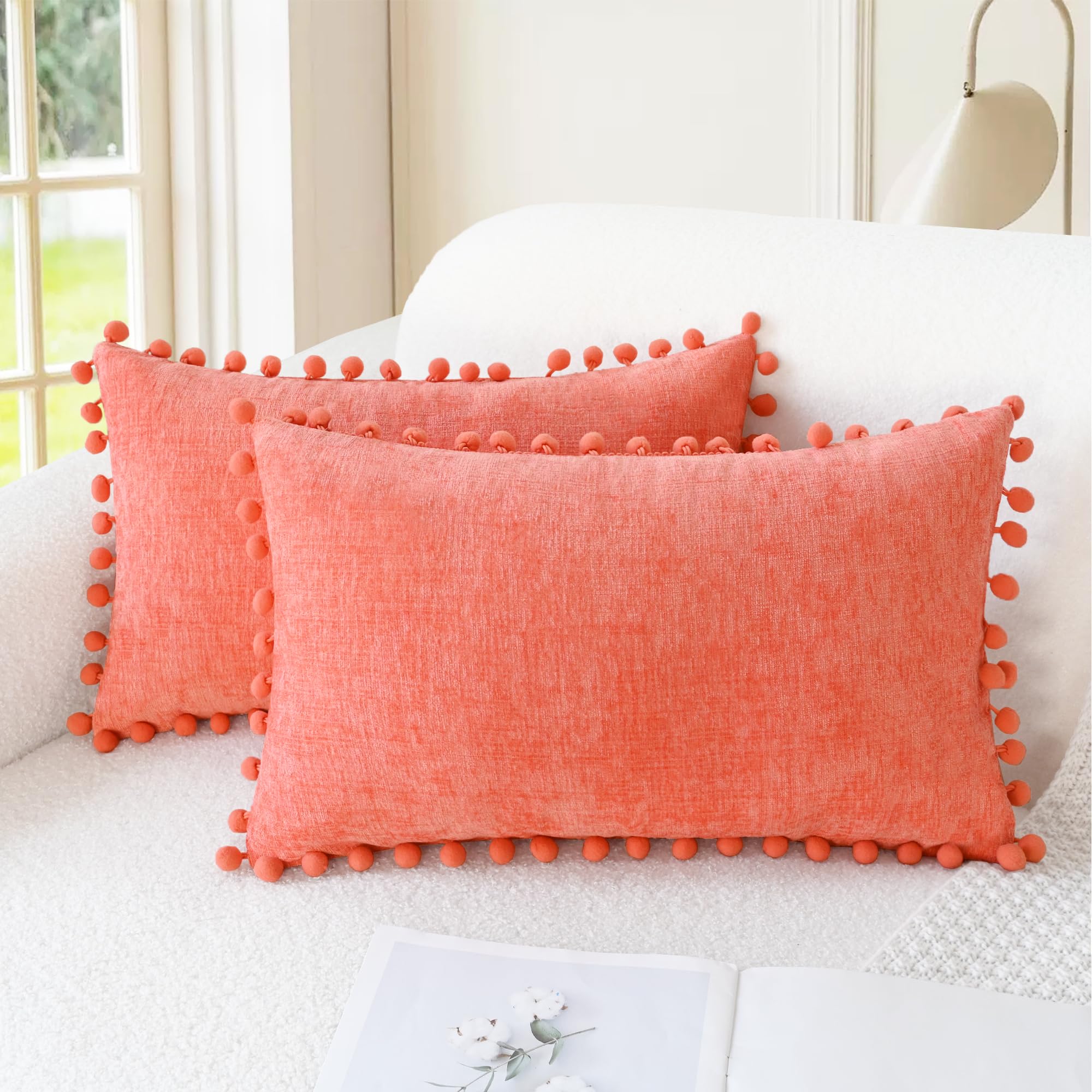 CaliTime Throw Pillow Covers Decorative 18 X 18 Inches Pack of 2 Cozy Solid Dyed Soft Chenille Cushion Cases with Pom Poms for Couch Sofa Bed Living Room Home Living Coral