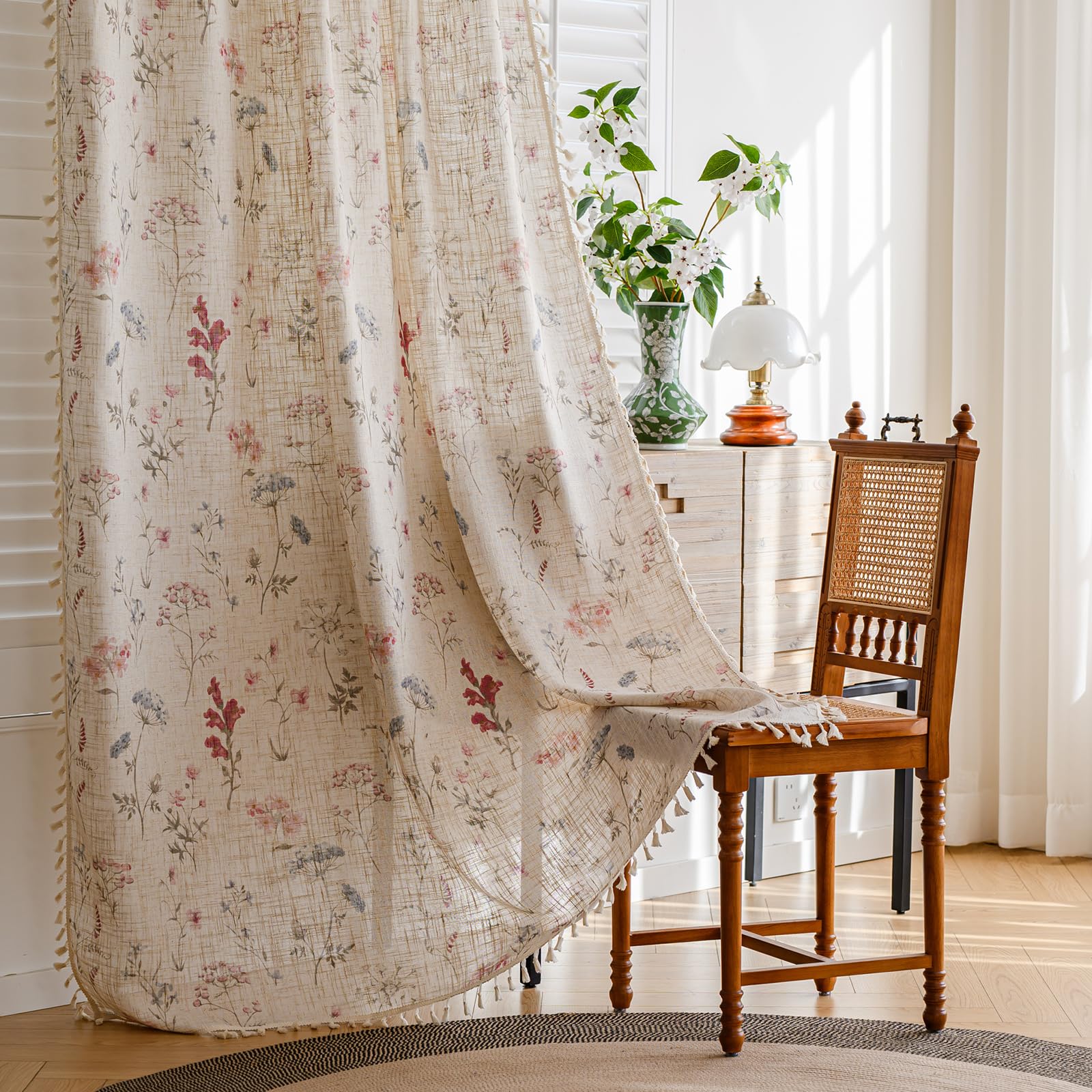 ENJOYBRIDAL Floral Bedroom Curtains 84 Inch Length 2 Panels Set Farmhouse Semi Sheer Living Room Drapes Cotton Linen Blend Bohemian Window Curtain Panels with Tassel Beige Rod Pocket Drapes