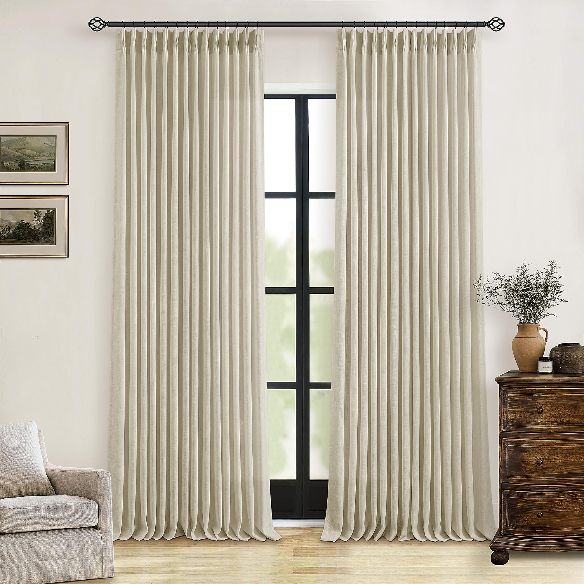 Natural Pinch Pleated Linen Curtains 84 Inch Length 2 Panels for Living Room Bedroom Textured Cream Ivory Birch Semi Sheer Boho Neutral Back Tab Pinch Pleat Hooks Rings Window Curtain 84 Inches Long