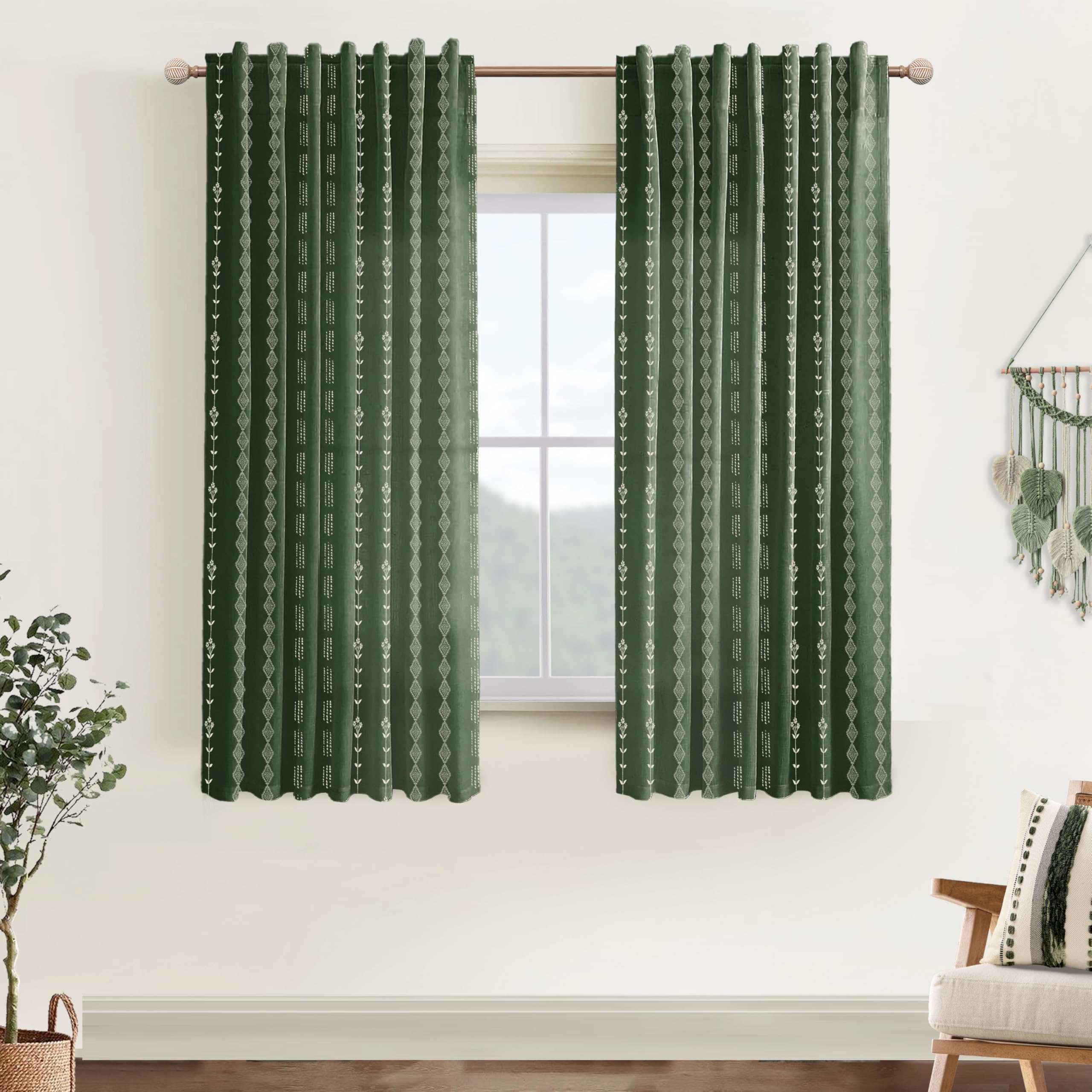 Neutral Farmhouse Curtains for Living Room 84 Inches Long,Taupe Cream Boho Light Filtering Sheer Patterned Modern Beautiful Linen Curtains with Floral Pattern Design Dining Room 84 Length 2 Panels Set