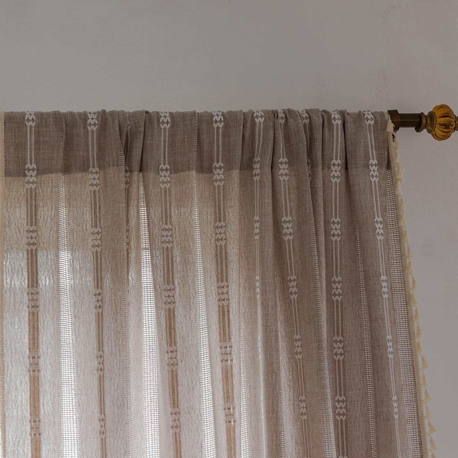Boho Curtains - Embroidery Linen and Cotton 63 Inch Length 2 Pannels for Living Room, Cream Off White Light Filtering Farmhouse Curtains with Rod Pocket Draperies 52" W x 63" L