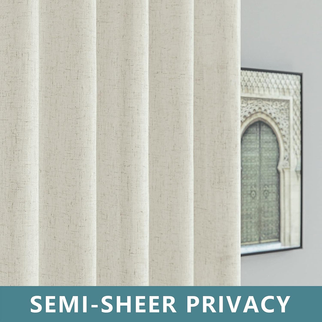 KOUFALL Farmhouse Linen Curtains, Cream Beige Semi Sheer Light Filtering Curtain, Boho Tab Top Neutral Country Curtains for Living Room, Bedroom, Nursery, 84 Inch Length, 2 Panels Set