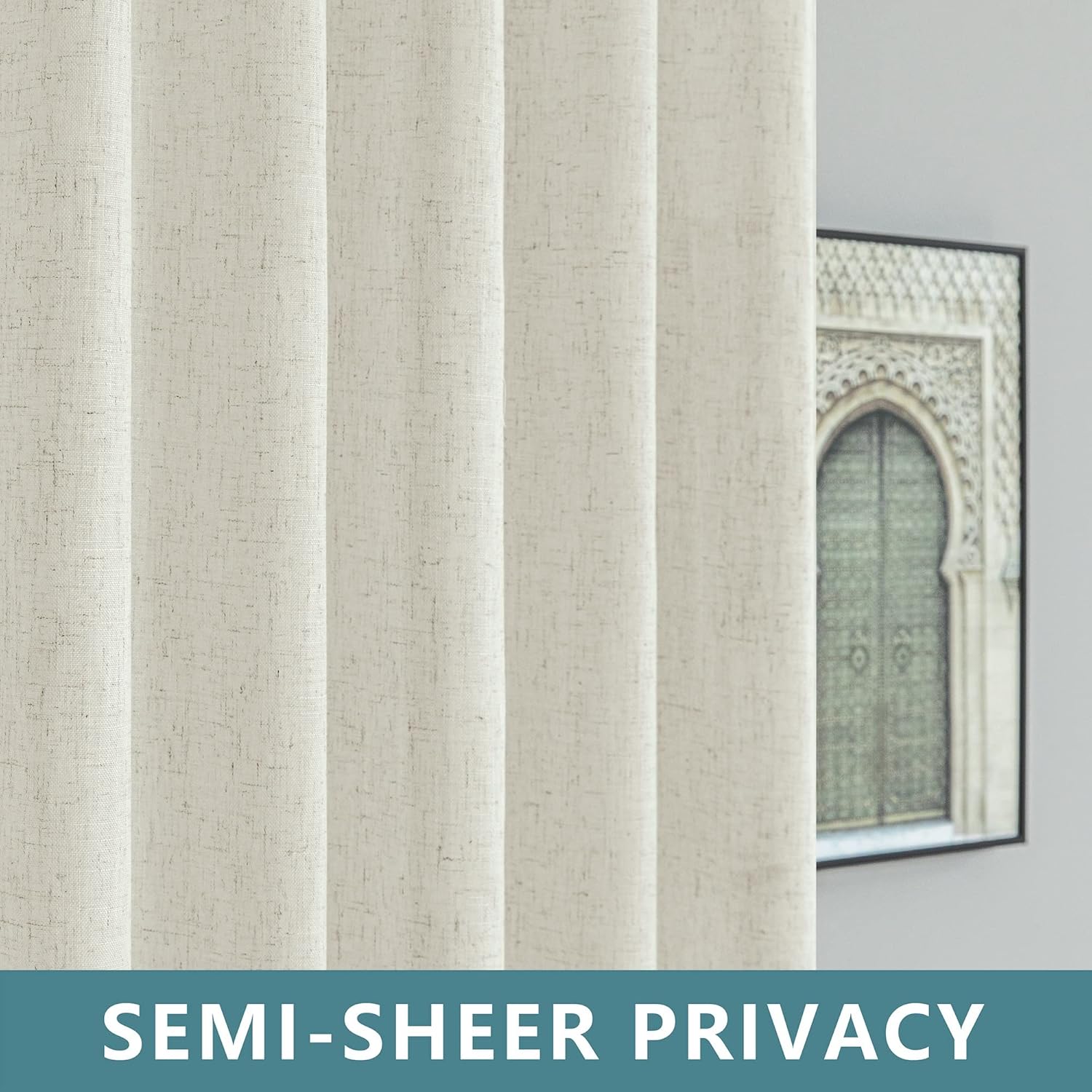 KOUFALL Farmhouse Linen Curtains, Cream Beige Semi Sheer Light Filtering Curtain, Boho Tab Top Neutral Country Curtains for Living Room, Bedroom, Nursery, 84 Inch Length, 2 Panels Set
