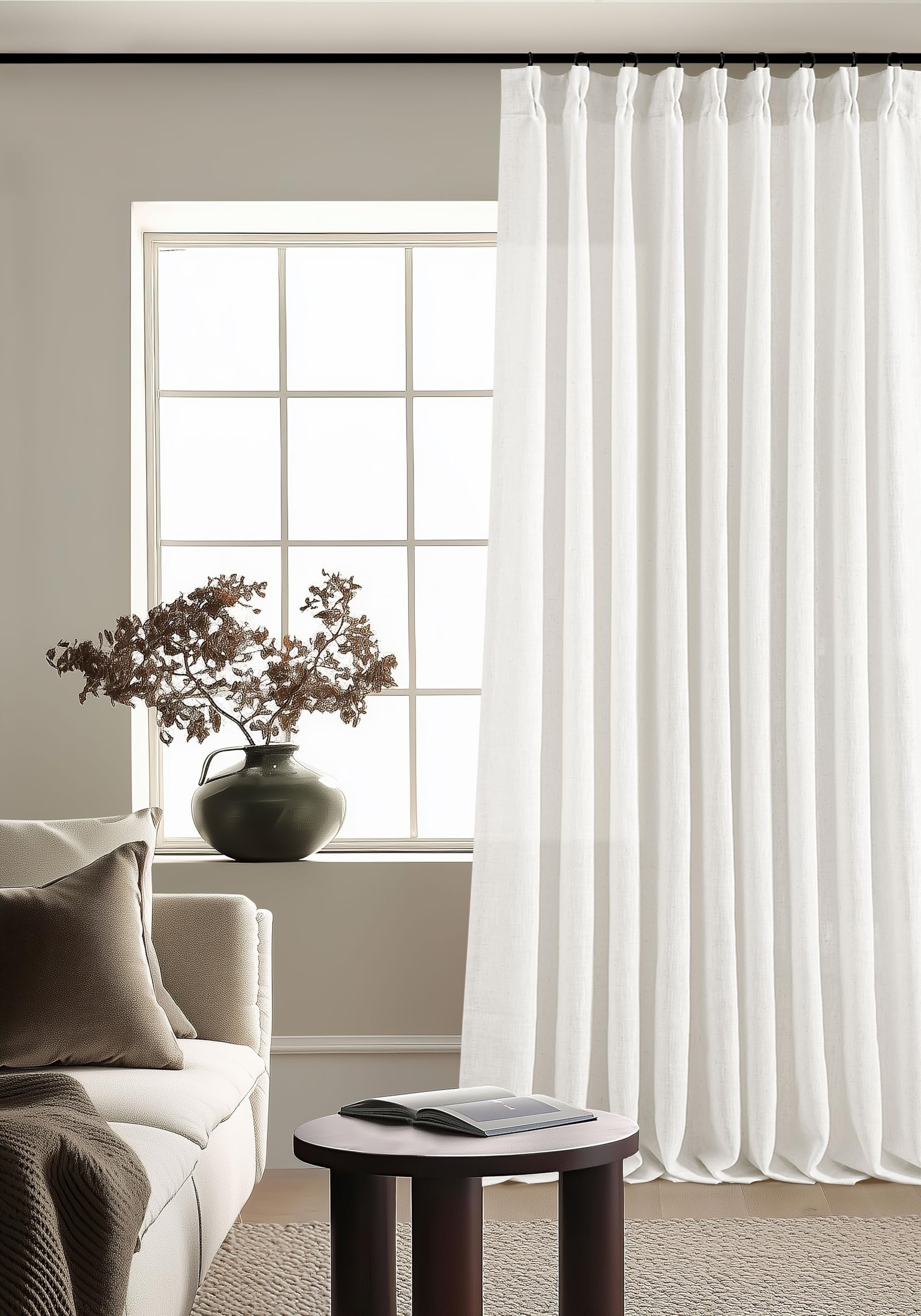 Natural Pinch Pleated Linen Curtains 84 Inch Length 2 Panels for Living Room Bedroom Textured Cream Ivory Birch Semi Sheer Boho Neutral Back Tab Pinch Pleat Hooks Rings Window Curtain 84 Inches Long
