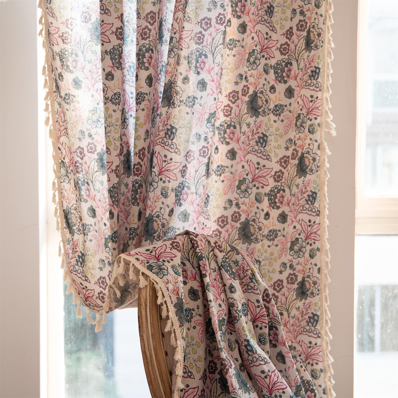 ENJOYBRIDAL Floral Bedroom Curtains 84 Inch Length 2 Panels Set Farmhouse Semi Sheer Living Room Drapes Cotton Linen Blend Bohemian Window Curtain Panels with Tassel Beige Rod Pocket Drapes