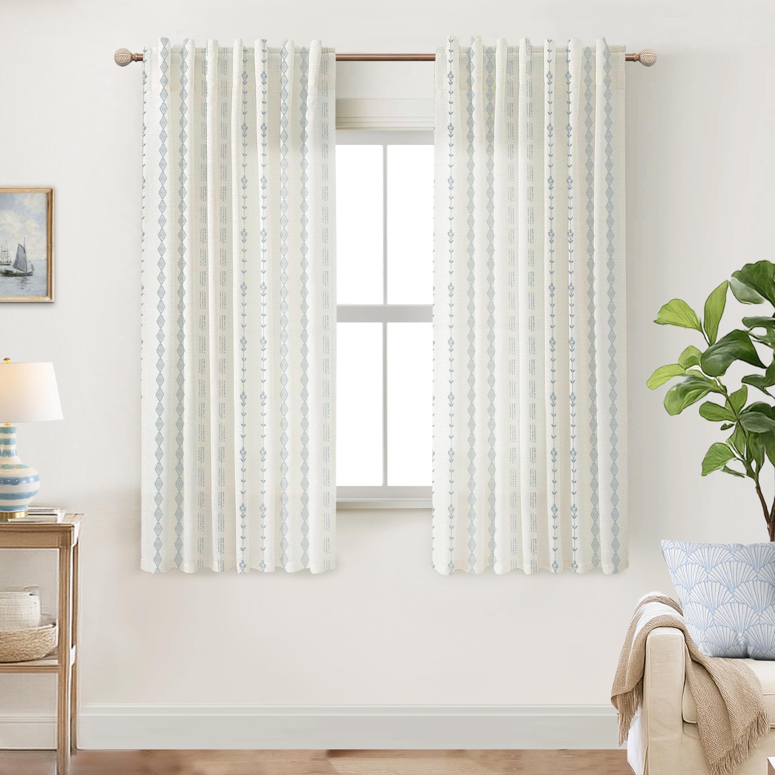 Neutral Farmhouse Curtains for Living Room 84 Inches Long,Taupe Cream Boho Light Filtering Sheer Patterned Modern Beautiful Linen Curtains with Floral Pattern Design Dining Room 84 Length 2 Panels Set