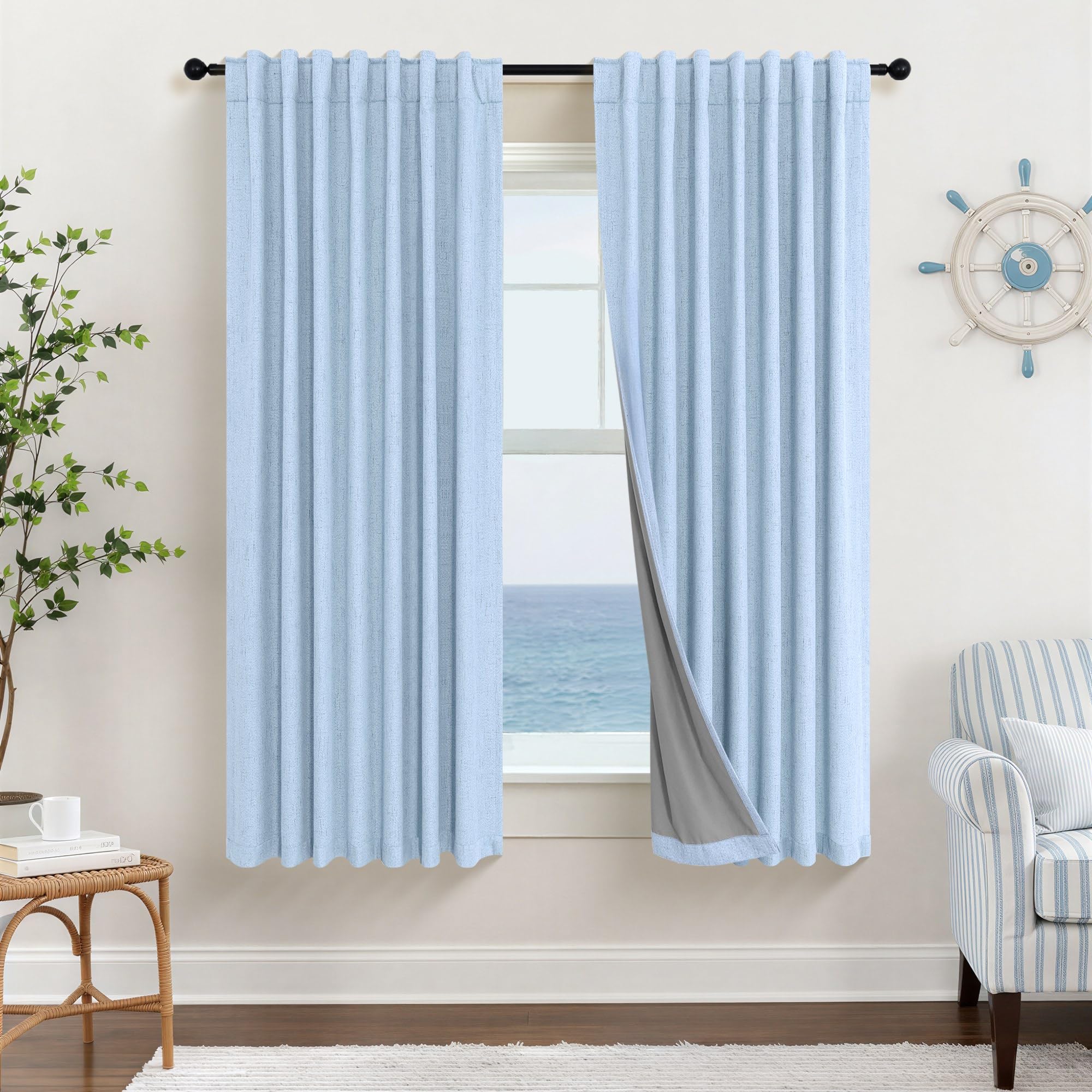 100% Blackout Curtains 84 Inch Length 2 Panels Set Neutral Boho Linen Farmhouse for Bedroom Windows Living Room Darkening Thermal Insulated Drapes Natural Cream Ivory 7ft Long Back Tab Pleated Pocket
