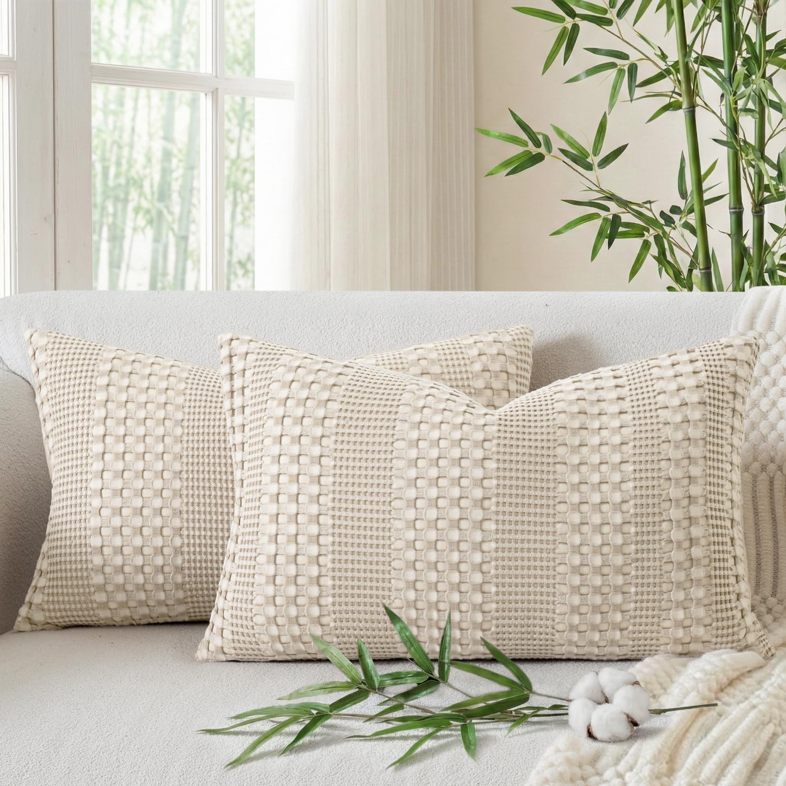 a moment 2 Pack Bamboo Fiber Pillow Covers - Waffle Weave, Ultra Soft & Breathable, Euro Shams Cotton Throw Pillow for Couch, Sofa, Bedroom Living Room 24x24 Inch White