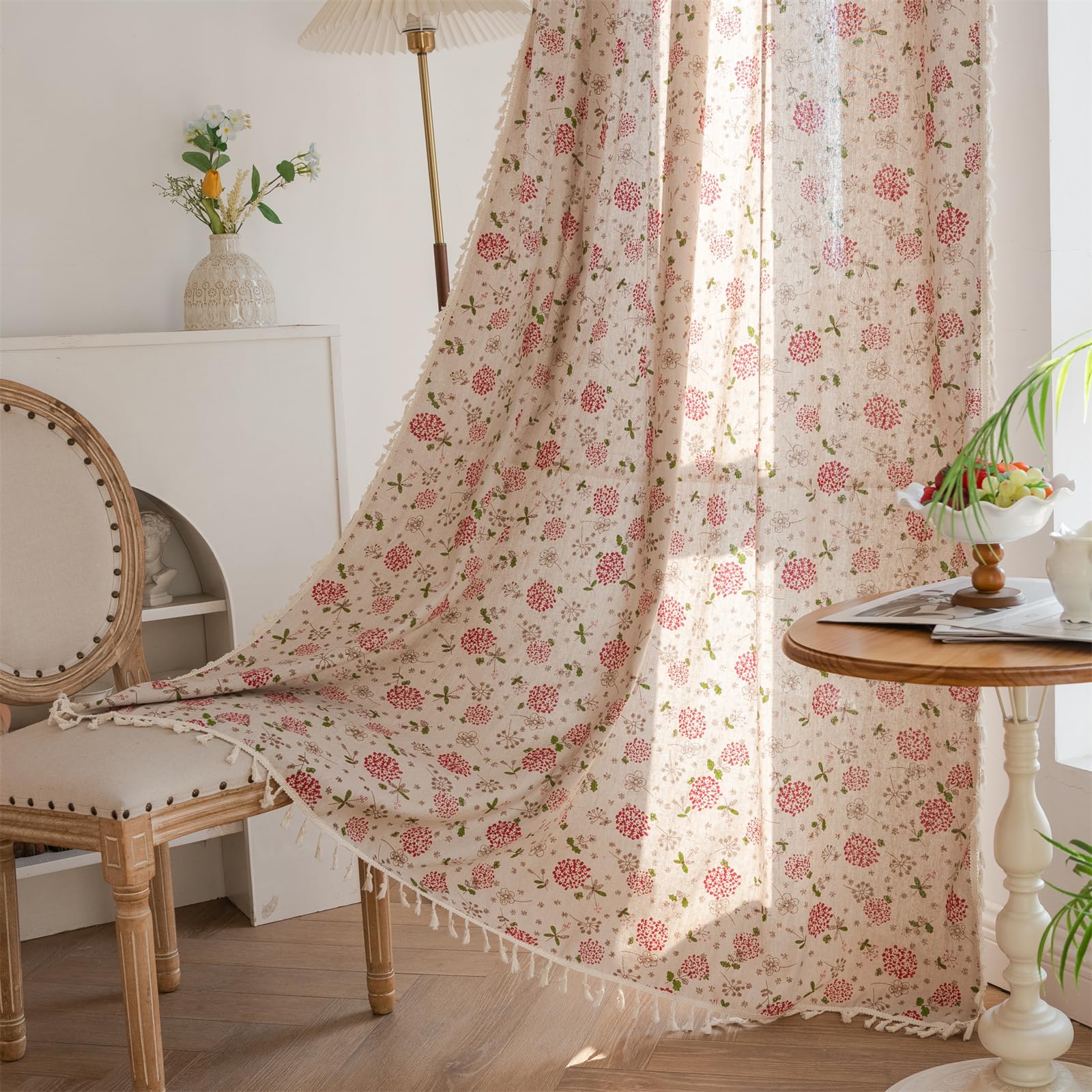 ENJOYBRIDAL Floral Bedroom Curtains 84 Inch Length 2 Panels Set Farmhouse Semi Sheer Living Room Drapes Cotton Linen Blend Bohemian Window Curtain Panels with Tassel Beige Rod Pocket Drapes