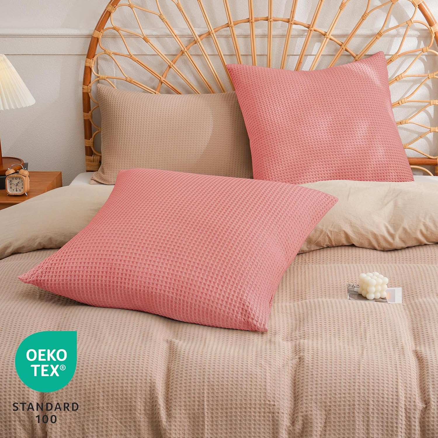 PHF 100% Cotton Waffle Weave Euro Shams 26" x 26", No Filling, 2 Pack Elegant Home Decorative Euro Throw Pillow Covers for Bed Couch Sofa, Coral