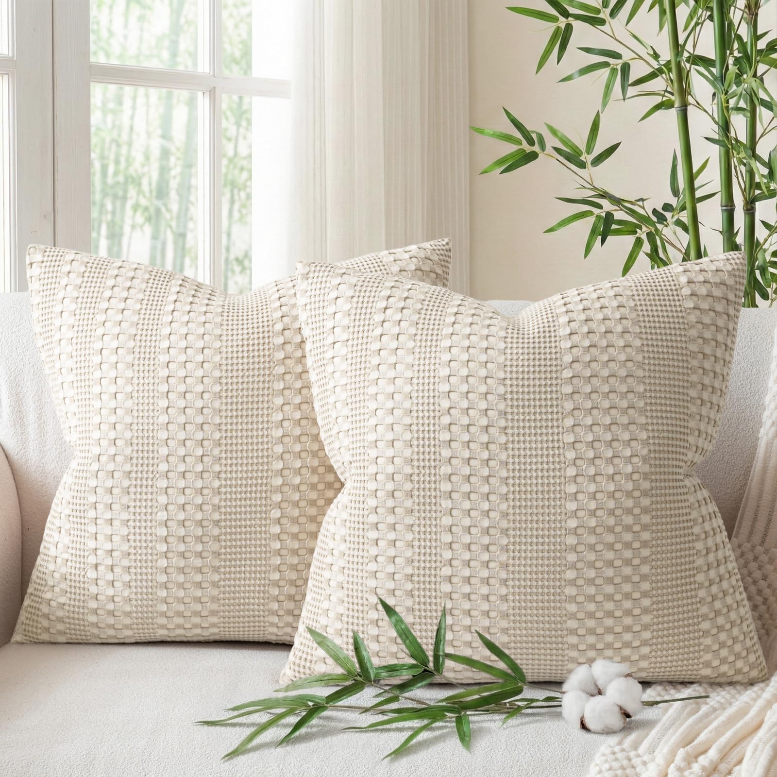 a moment 2 Pack Bamboo Fiber Pillow Covers - Waffle Weave, Ultra Soft & Breathable, Euro Shams Cotton Throw Pillow for Couch, Sofa, Bedroom Living Room 24x24 Inch White