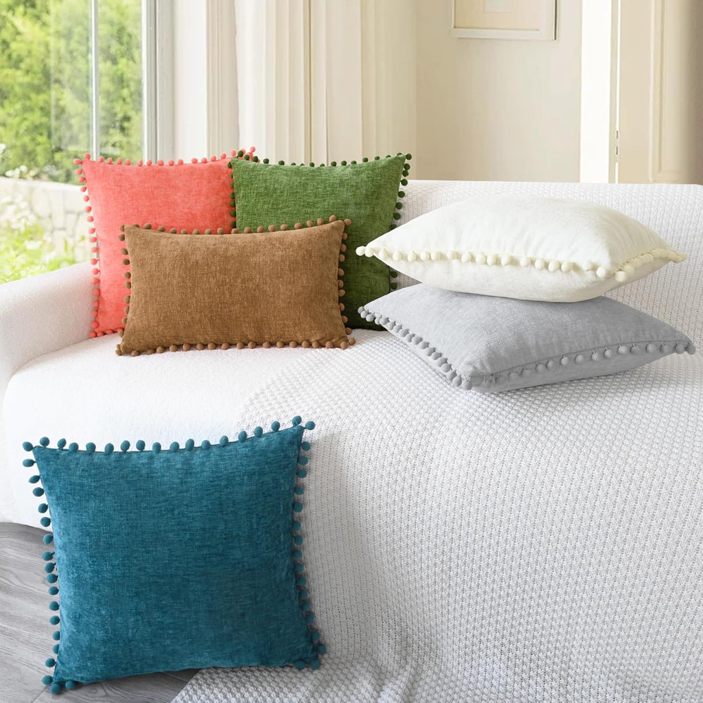CaliTime Throw Pillow Covers Decorative 18 X 18 Inches Pack of 2 Cozy Solid Dyed Soft Chenille Cushion Cases with Pom Poms for Couch Sofa Bed Living Room Home Living Coral