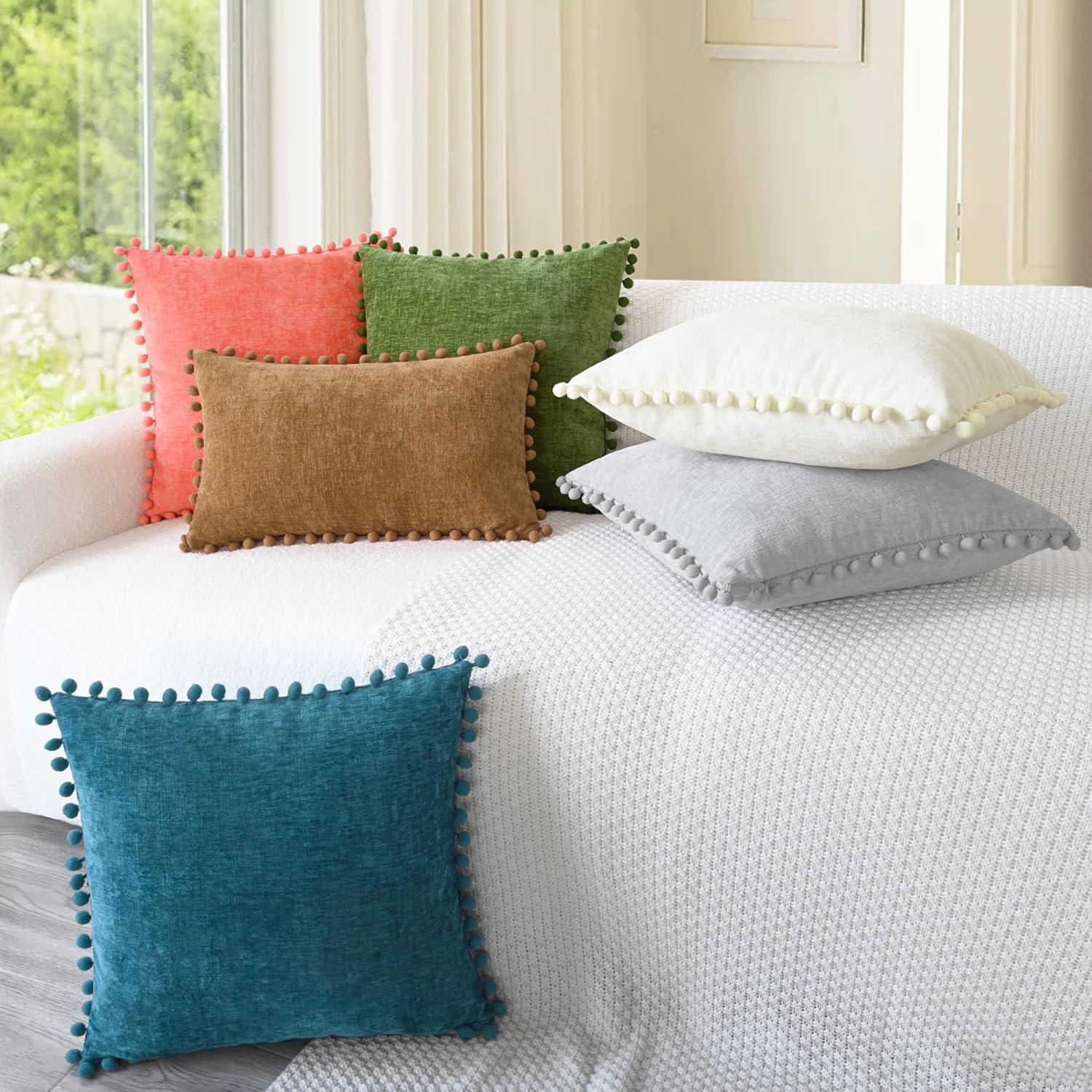 CaliTime Throw Pillow Covers Decorative 18 X 18 Inches Pack of 2 Cozy Solid Dyed Soft Chenille Cushion Cases with Pom Poms for Couch Sofa Bed Living Room Home Living Coral