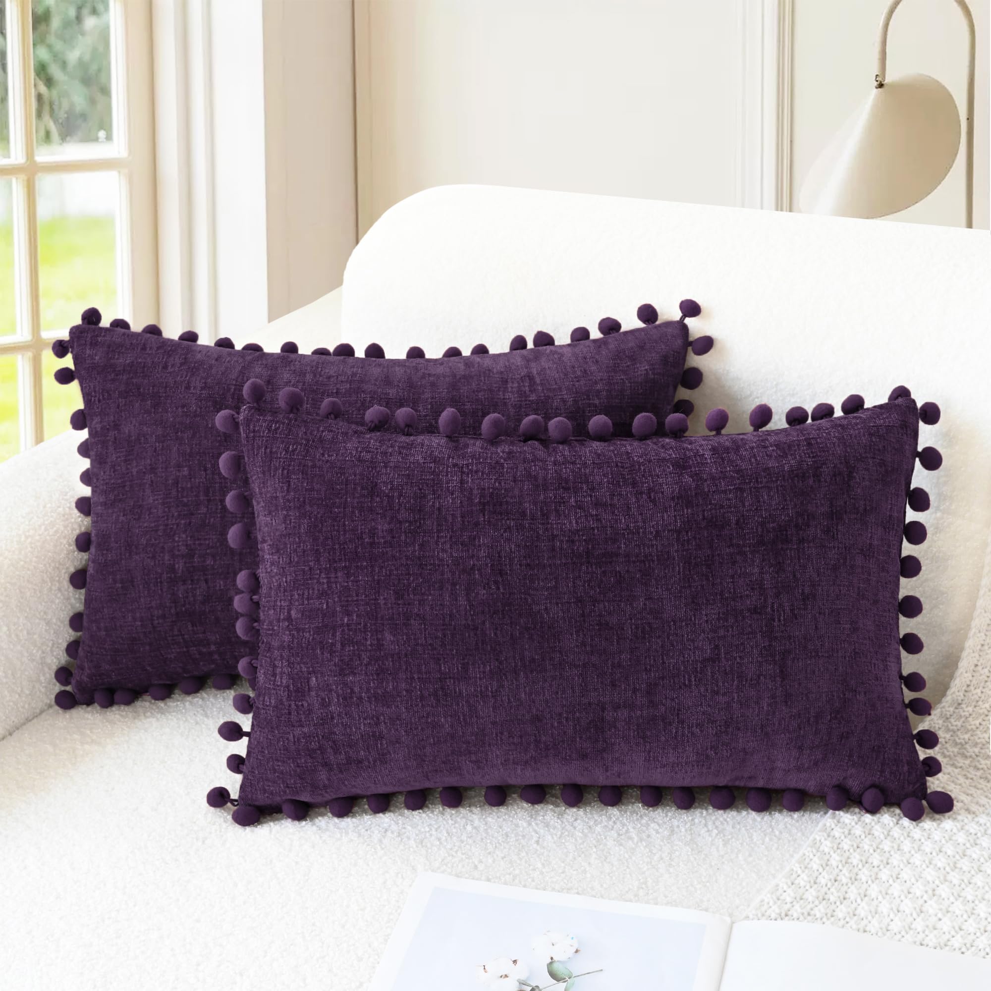 CaliTime Throw Pillow Covers Decorative 18 X 18 Inches Pack of 2 Cozy Solid Dyed Soft Chenille Cushion Cases with Pom Poms for Couch Sofa Bed Living Room Home Living Coral