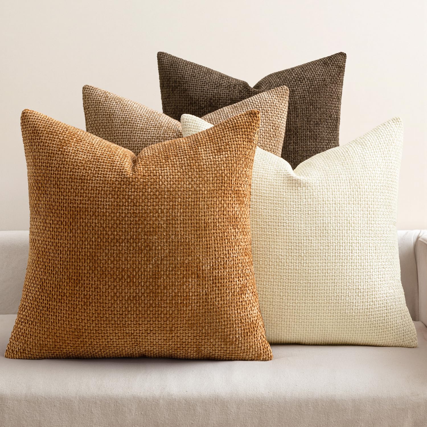 MIULEE Pack of 4 Couch Throw Pillow Covers 18x18 Inch Cream Soft Decorative Chenille Pillow Covers Farmhouse Accent Cushion Covers for Boho Spring Home Decor Sofa Bedroom Living Room