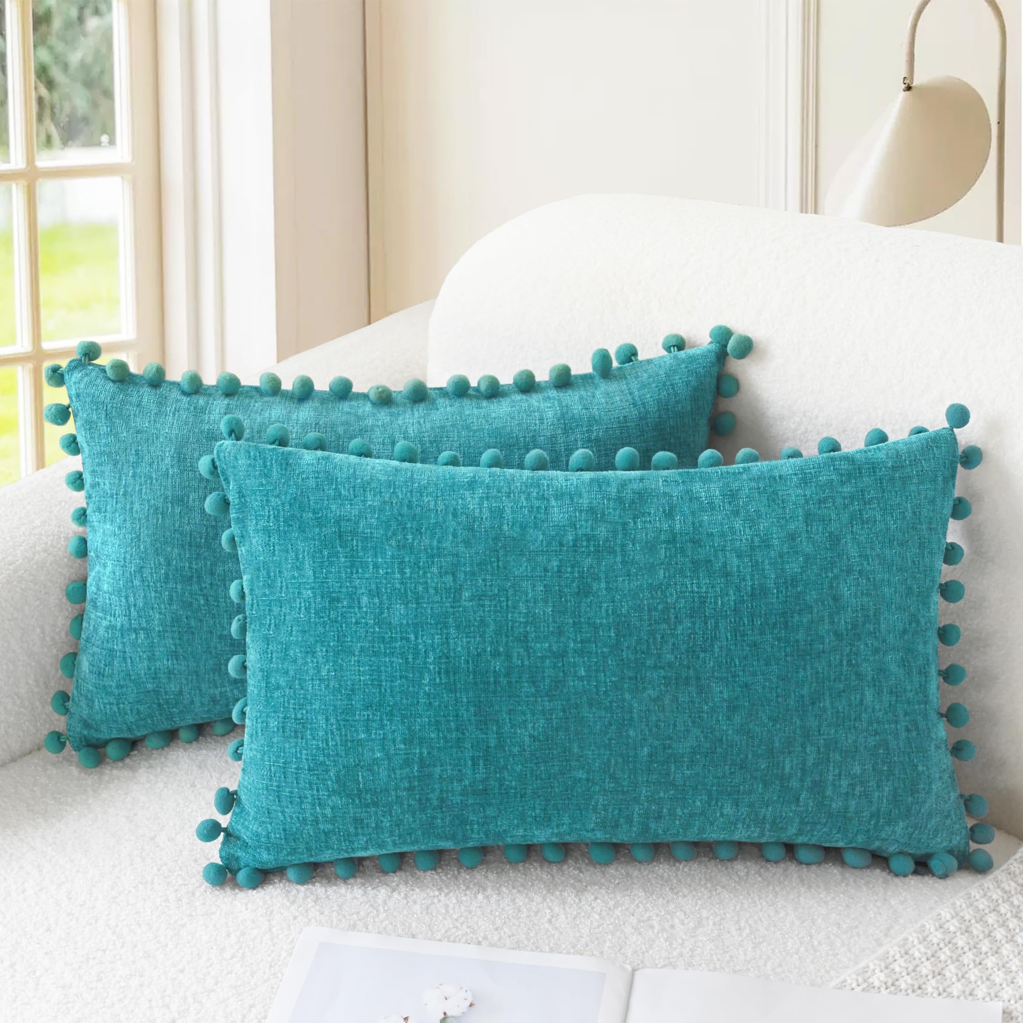 CaliTime Throw Pillow Covers Decorative 18 X 18 Inches Pack of 2 Cozy Solid Dyed Soft Chenille Cushion Cases with Pom Poms for Couch Sofa Bed Living Room Home Living Coral