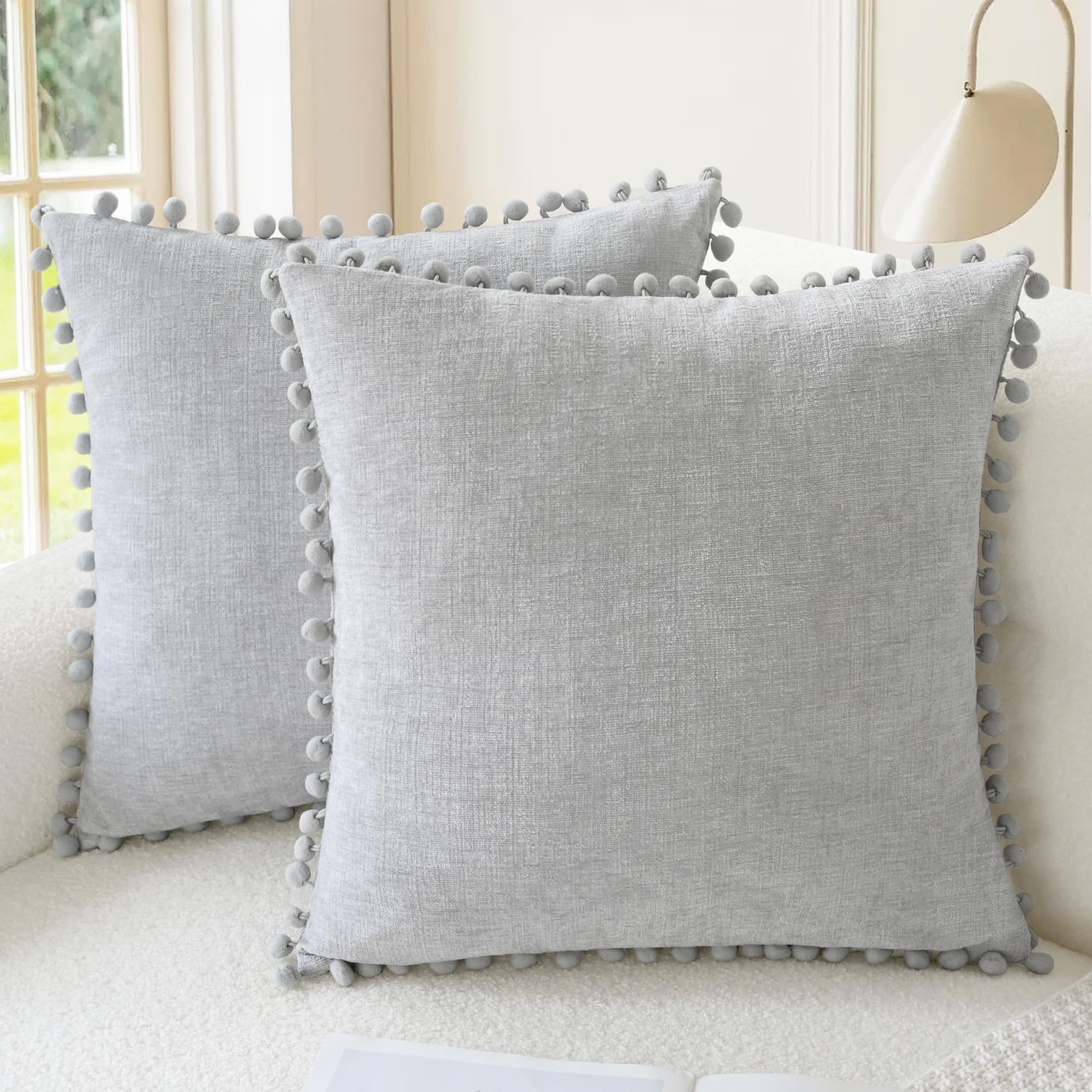 CaliTime Throw Pillow Covers Decorative 18 X 18 Inches Pack of 2 Cozy Solid Dyed Soft Chenille Cushion Cases with Pom Poms for Couch Sofa Bed Living Room Home Living Coral