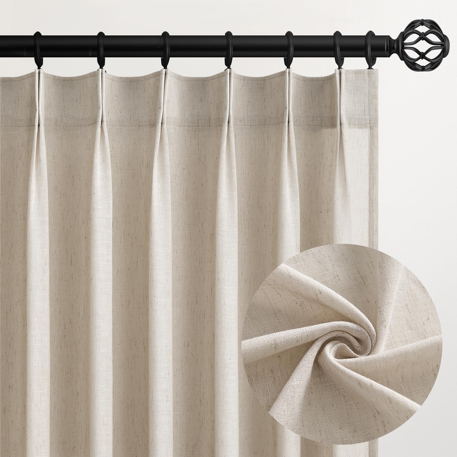 Topfinel Pinch Pleated Curtains 90 Inches Long 2 Panels Set,Natural Cream Semi Sheer Cotton Blend Fabric Aesthetic Advanced Curtain Drapes for Living Room Bedroom,40x90 inch Length